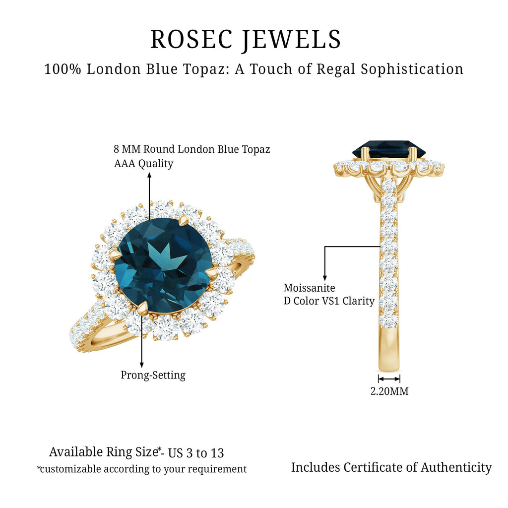 8mm Round London Blue Topaz Halo Engagement Ring with Moissanite