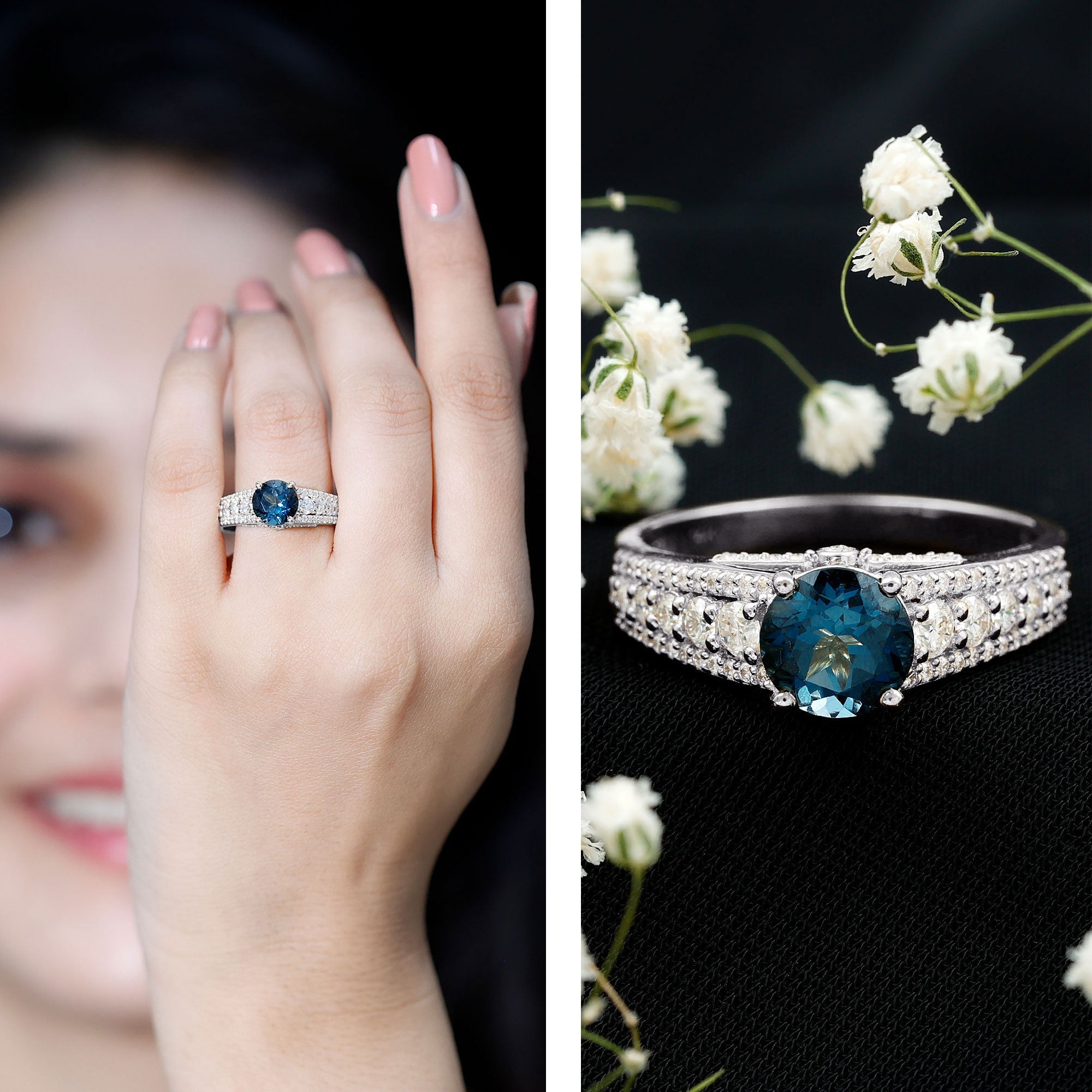 8 mm London Blue Topaz Statement Engagement Ring with Side Stones