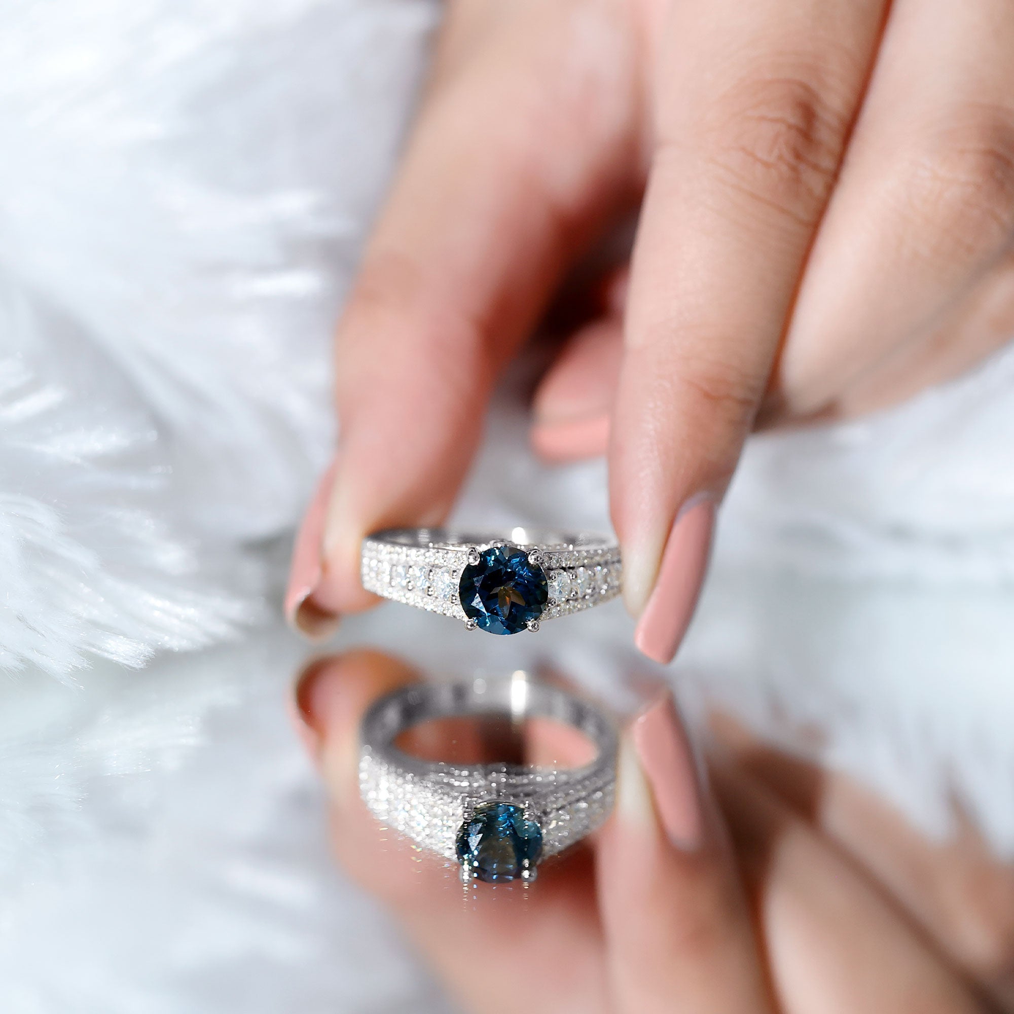8 mm London Blue Topaz Statement Engagement Ring with Side Stones