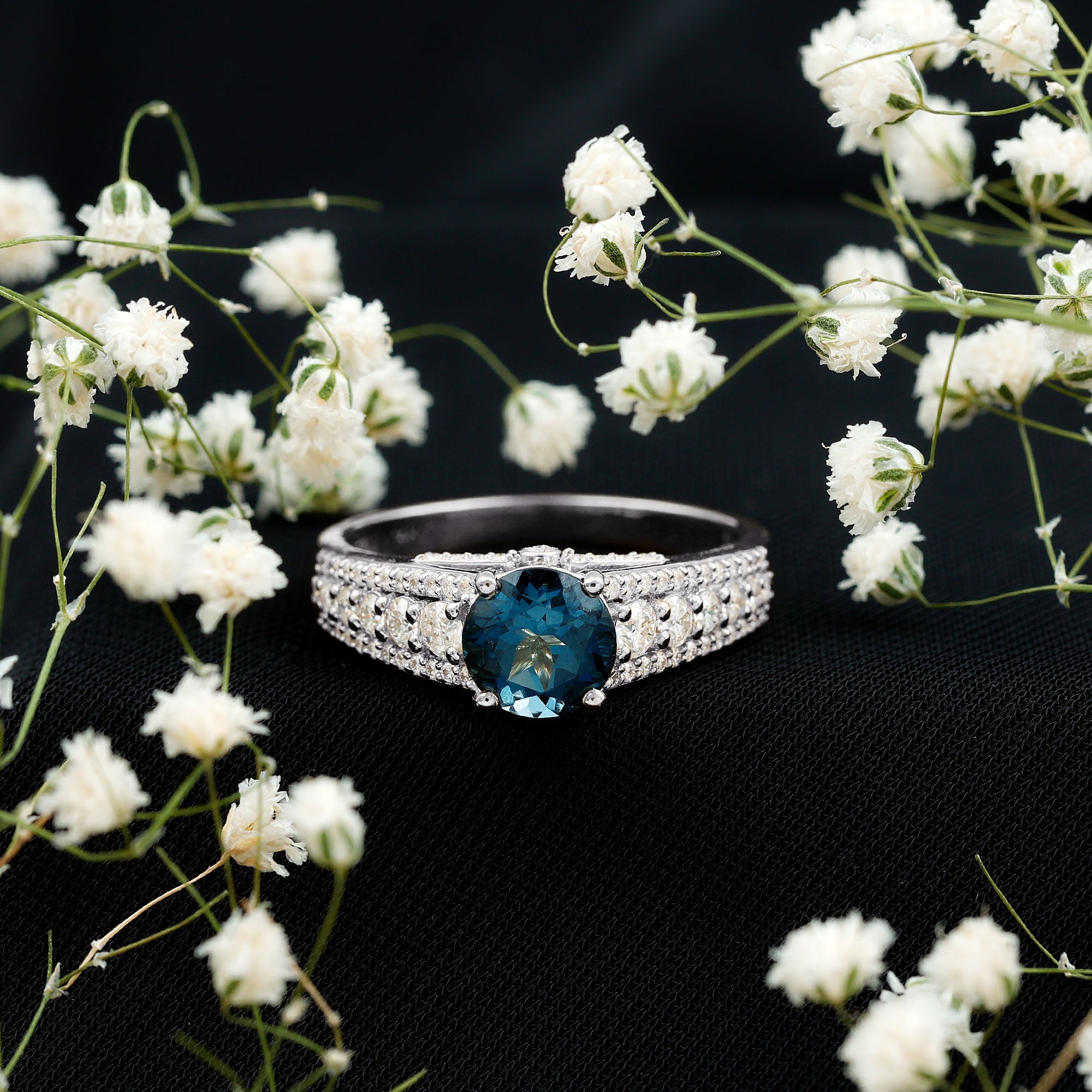 8 mm London Blue Topaz Statement Engagement Ring with Side Stones