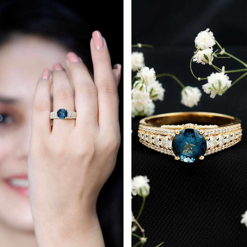 8 mm London Blue Topaz Statement Engagement Ring with Side Stones