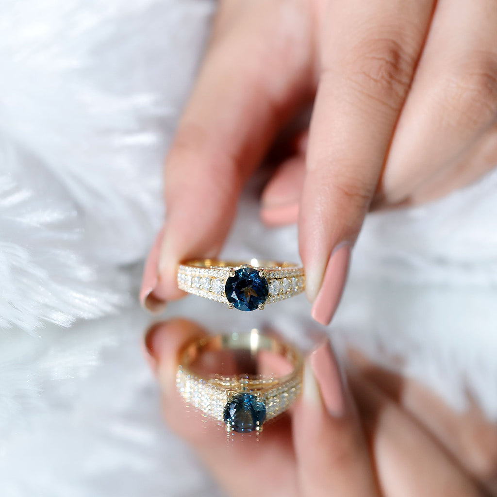 8 mm London Blue Topaz Statement Engagement Ring with Side Stones