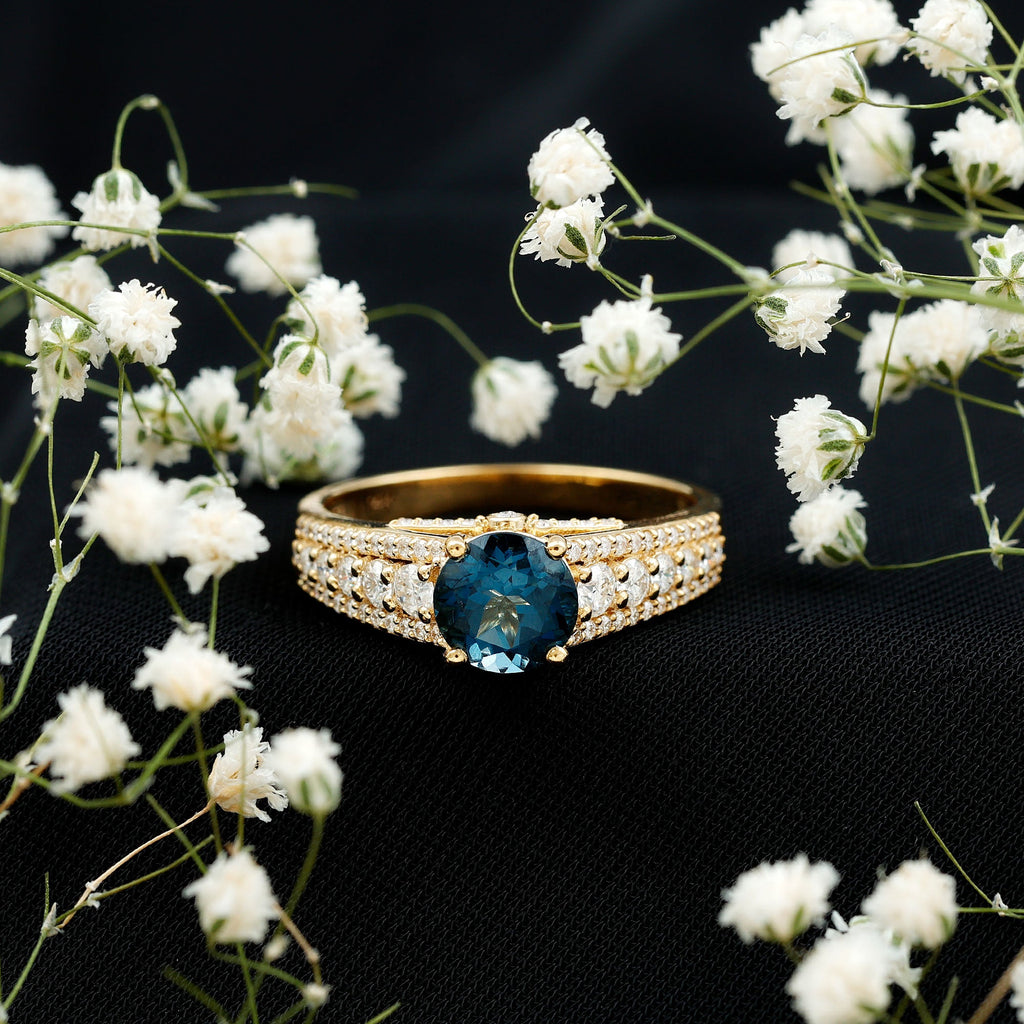 8 mm London Blue Topaz Statement Engagement Ring with Side Stones