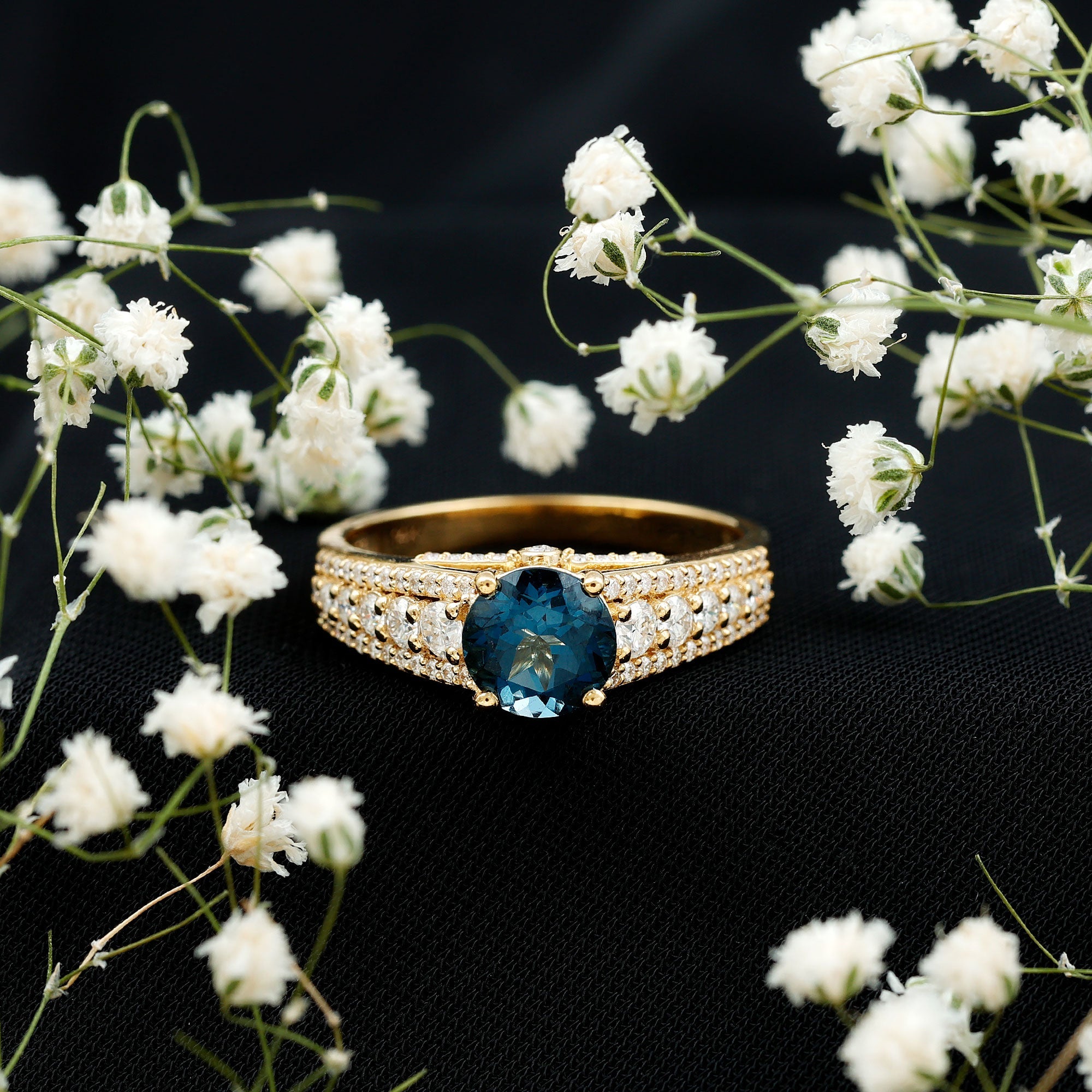 8 mm London Blue Topaz Statement Engagement Ring with Side Stones