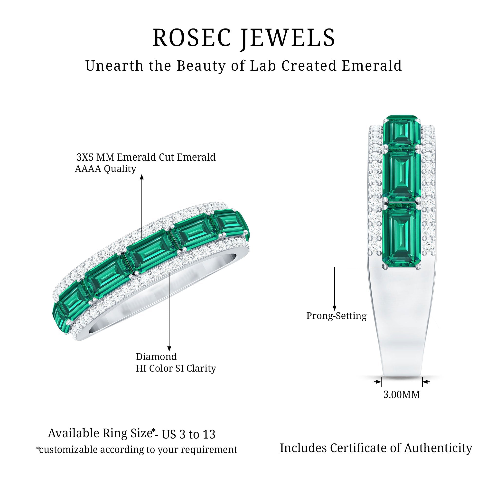Certified Lab Grown Emerald Diamond Wedding Band in East West Style