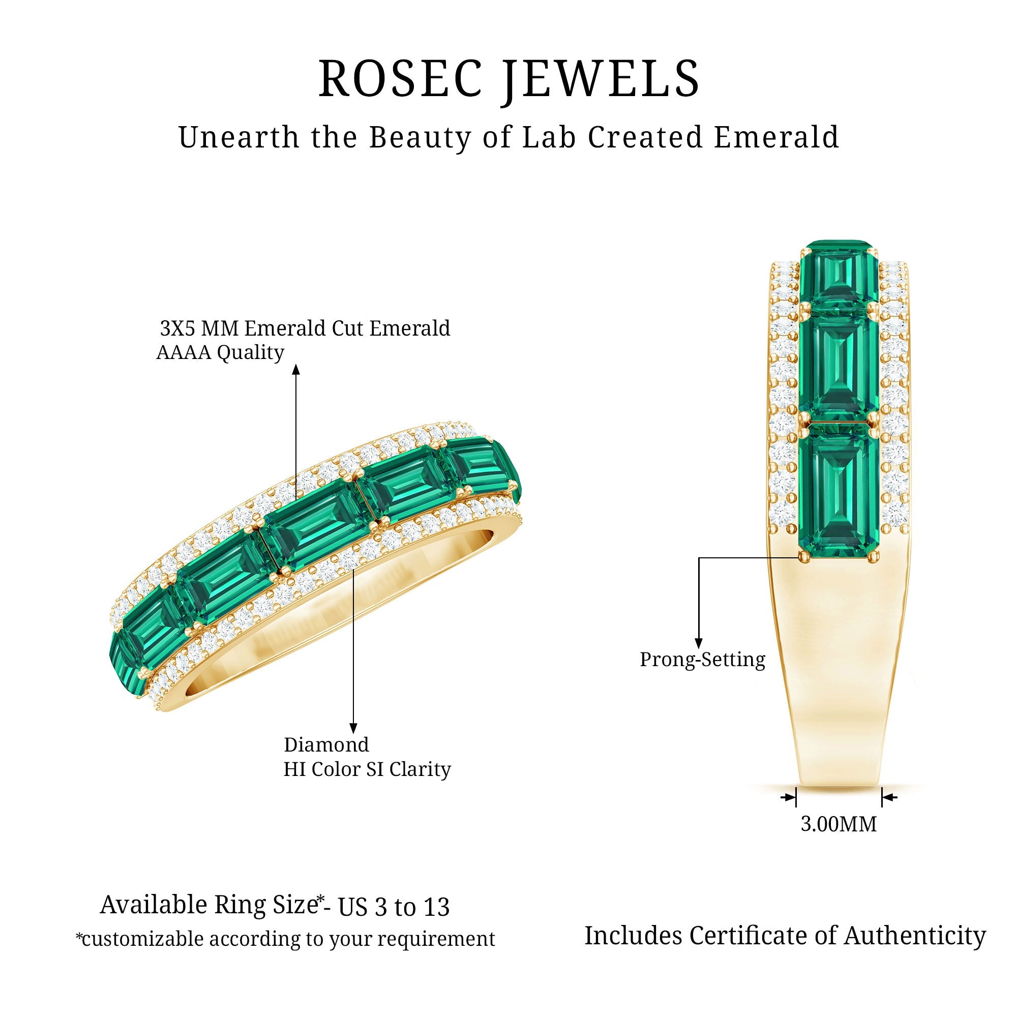 Certified Lab Grown Emerald Diamond Wedding Band in East West Style