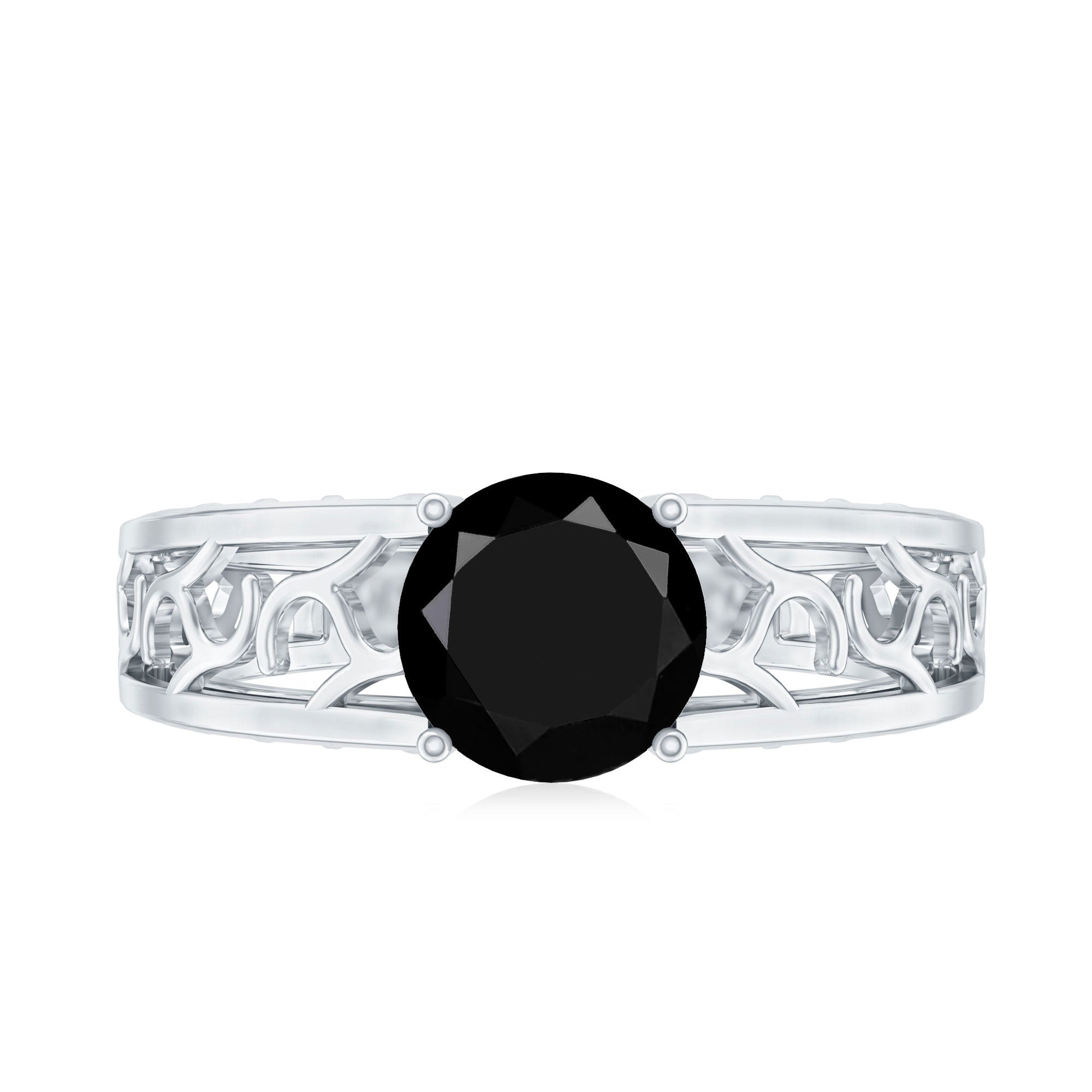 Black Onyx Solitaire Band Ring with Cut Work