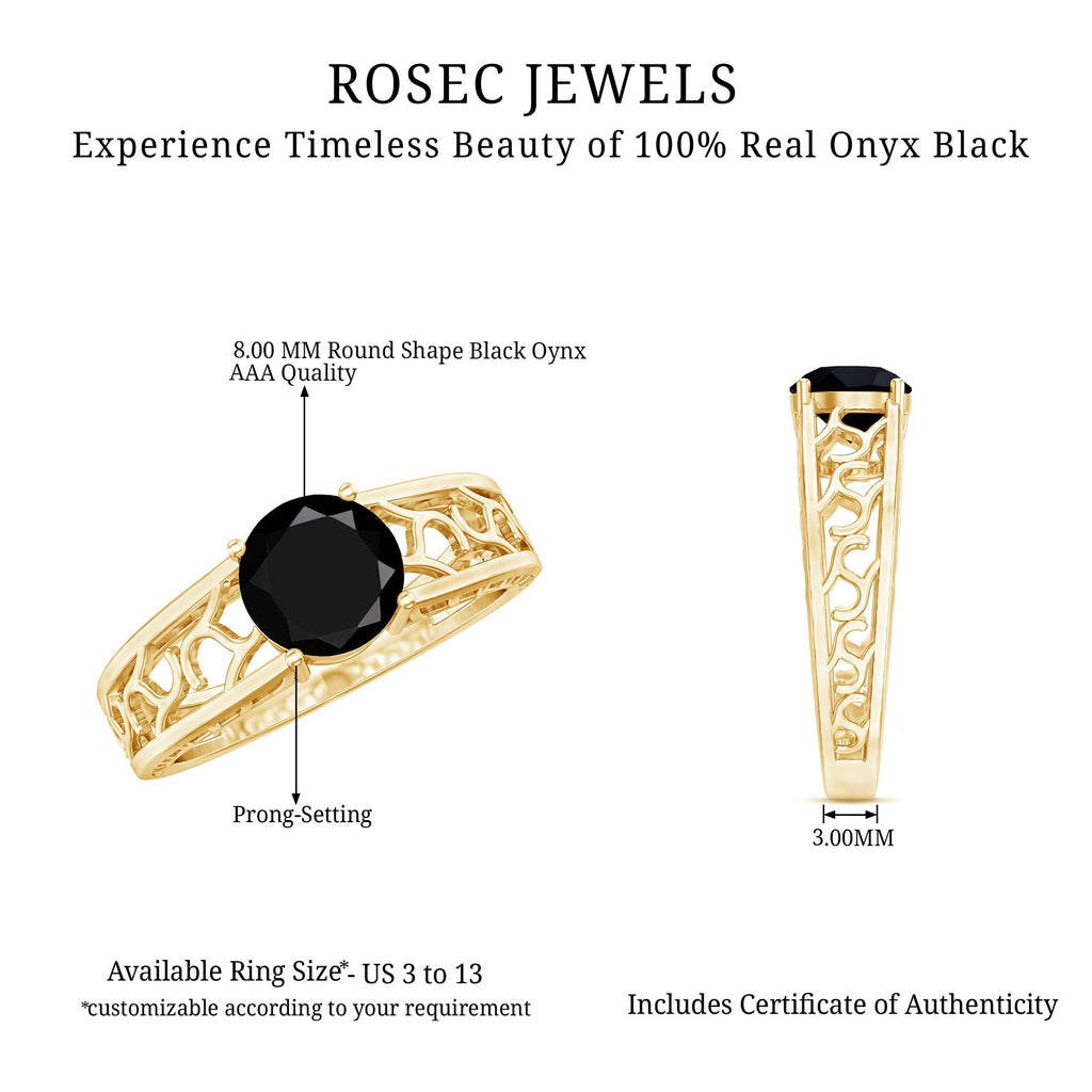 Black Onyx Solitaire Band Ring with Cut Work