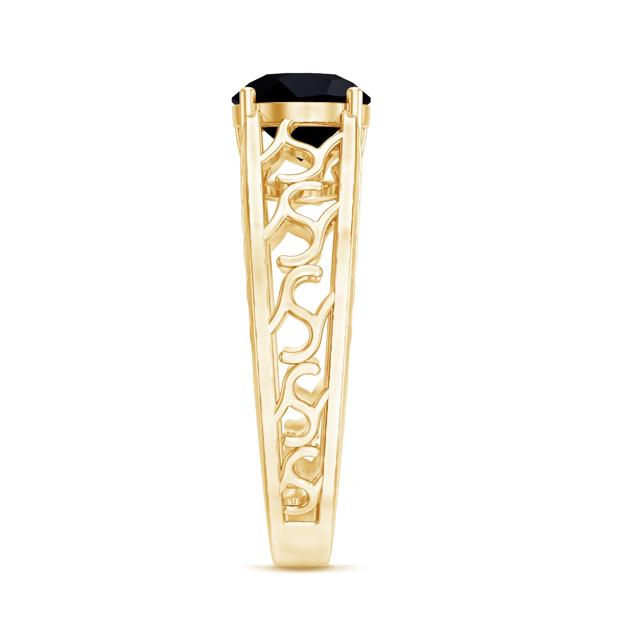 Black Onyx Solitaire Band Ring with Cut Work