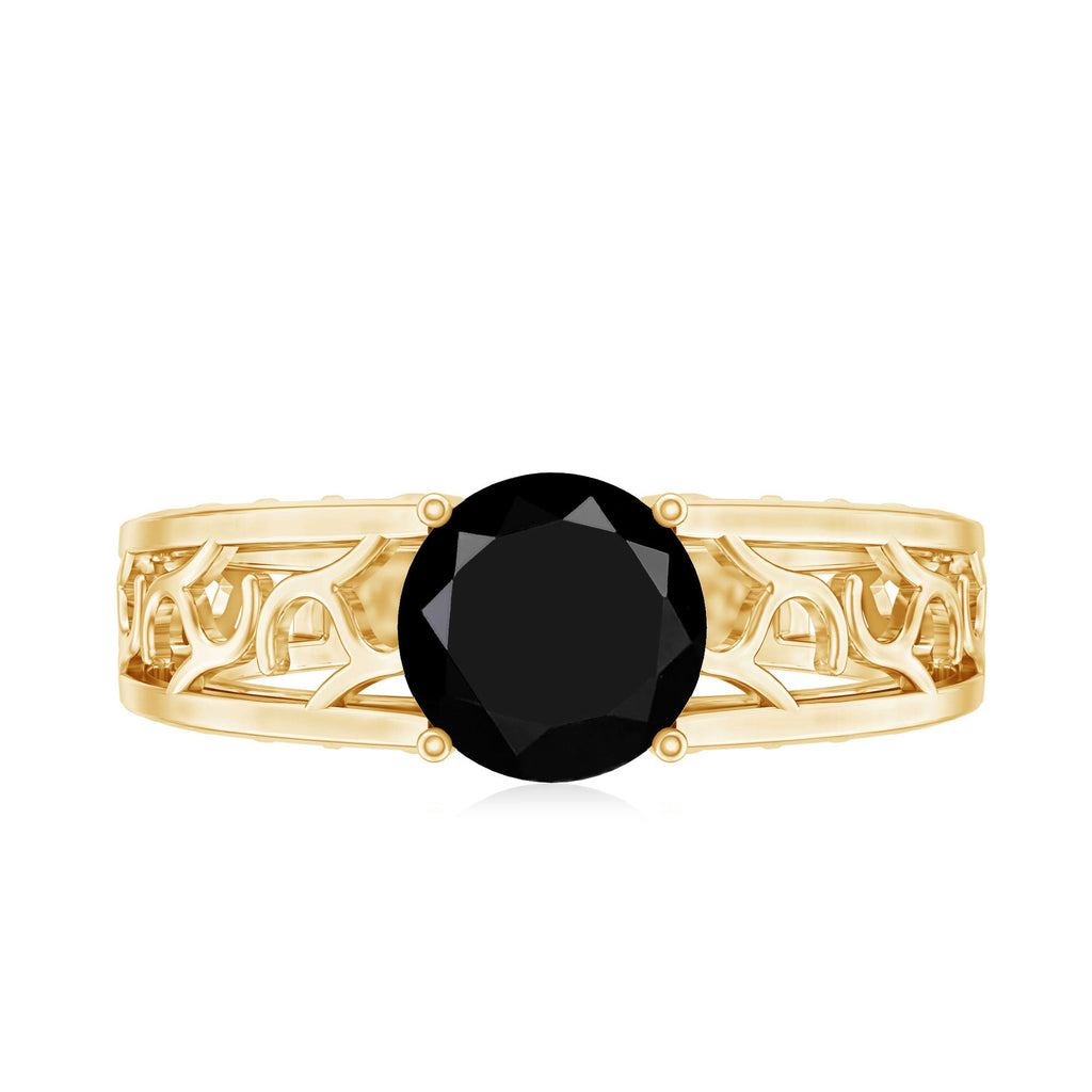 Black Onyx Solitaire Band Ring with Cut Work