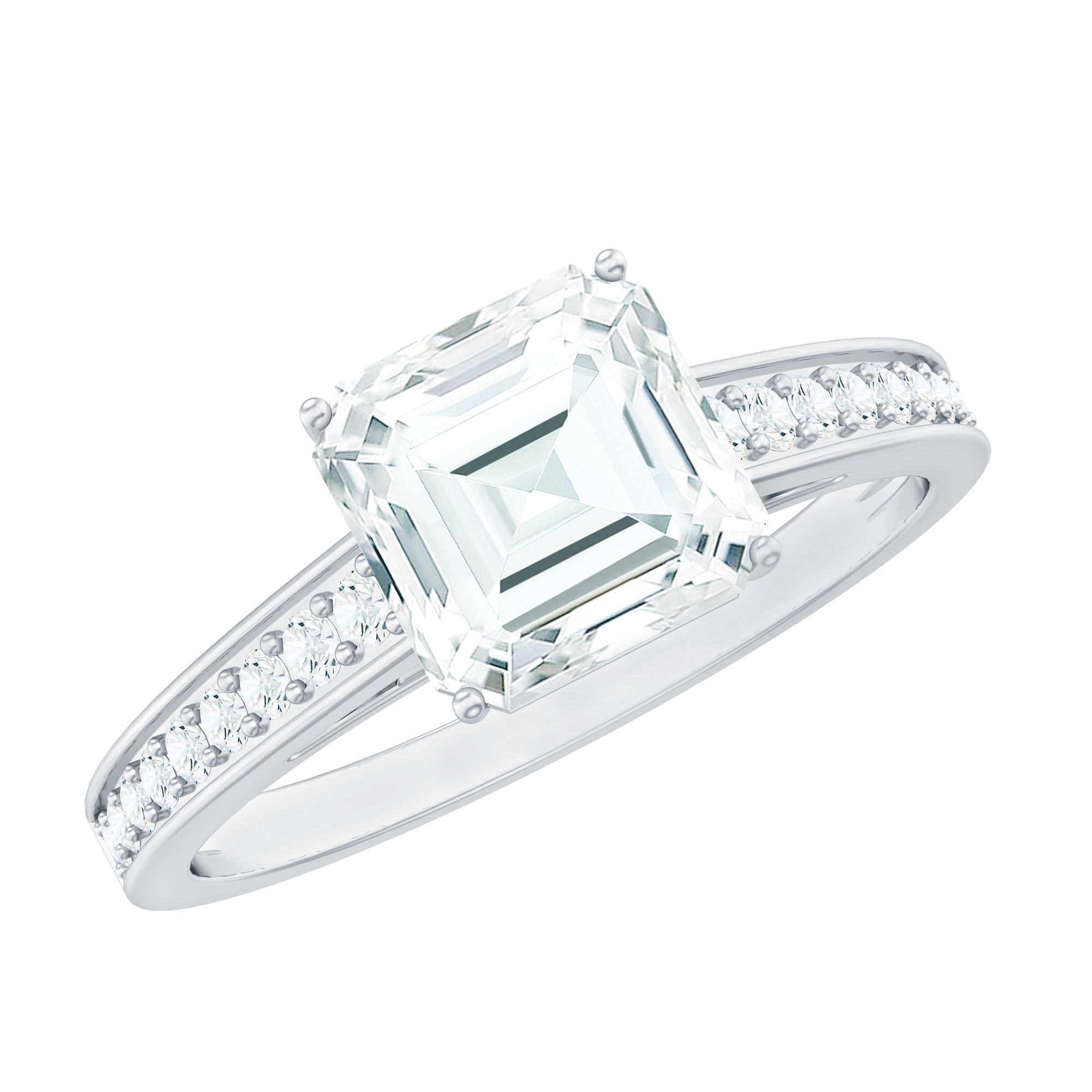 Asscher Cut 8 MM Moissanite Solitaire Engagement Ring with Side Stones