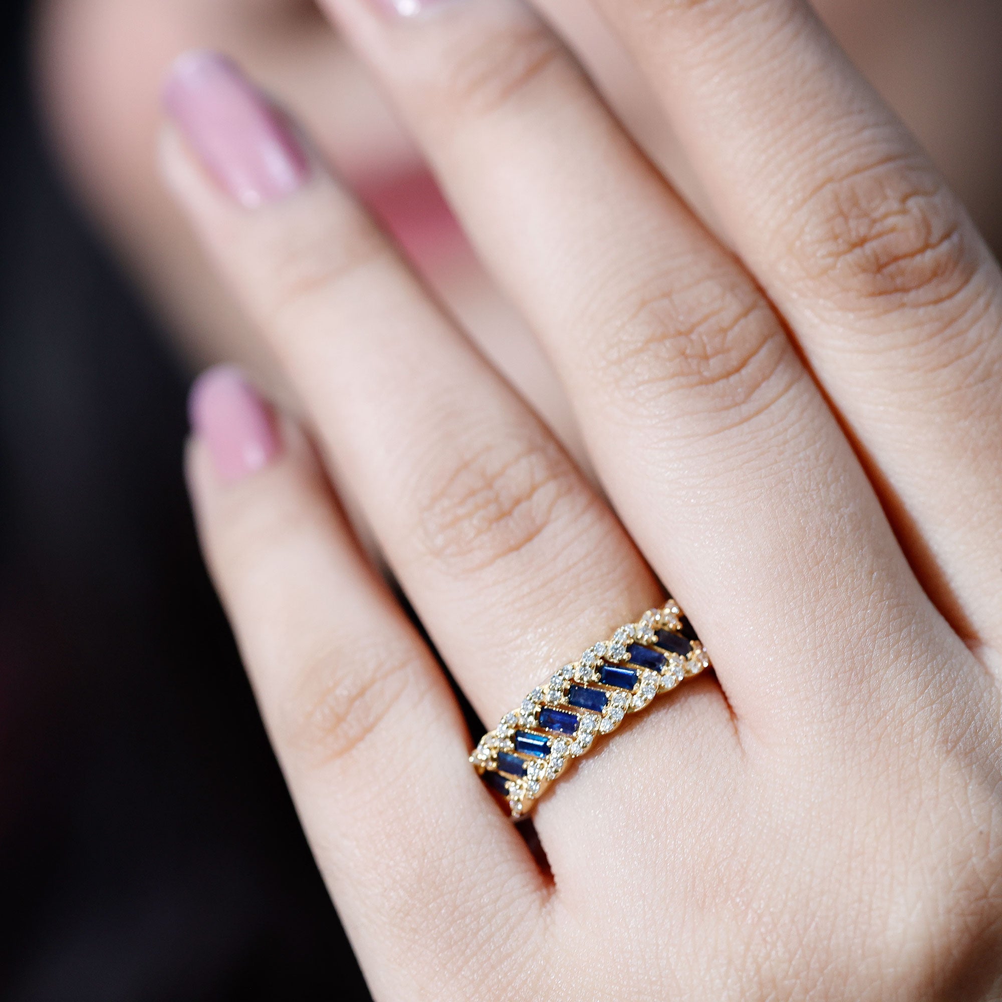 Certified Blue Sapphire Diamond Braided Wedding Ring