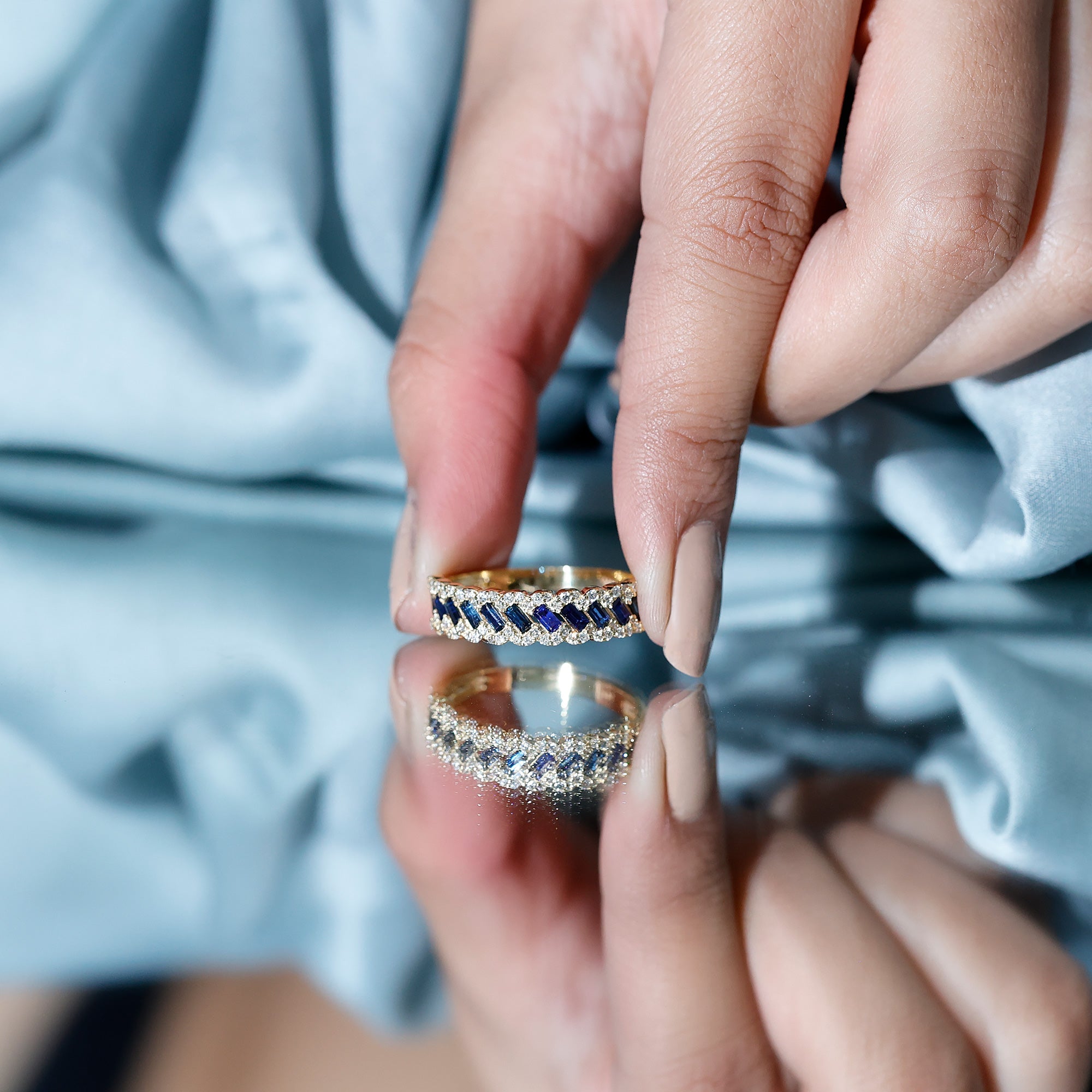 Certified Blue Sapphire Diamond Braided Wedding Ring