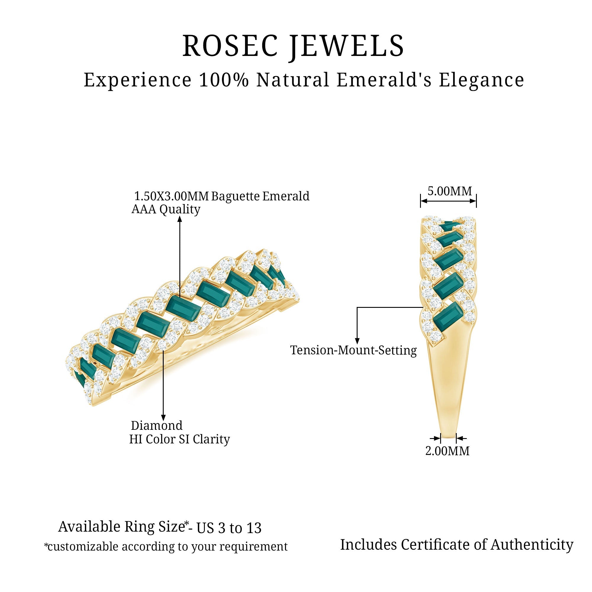Baguette Emerald and Diamond Braided Half Eternity Band Ring