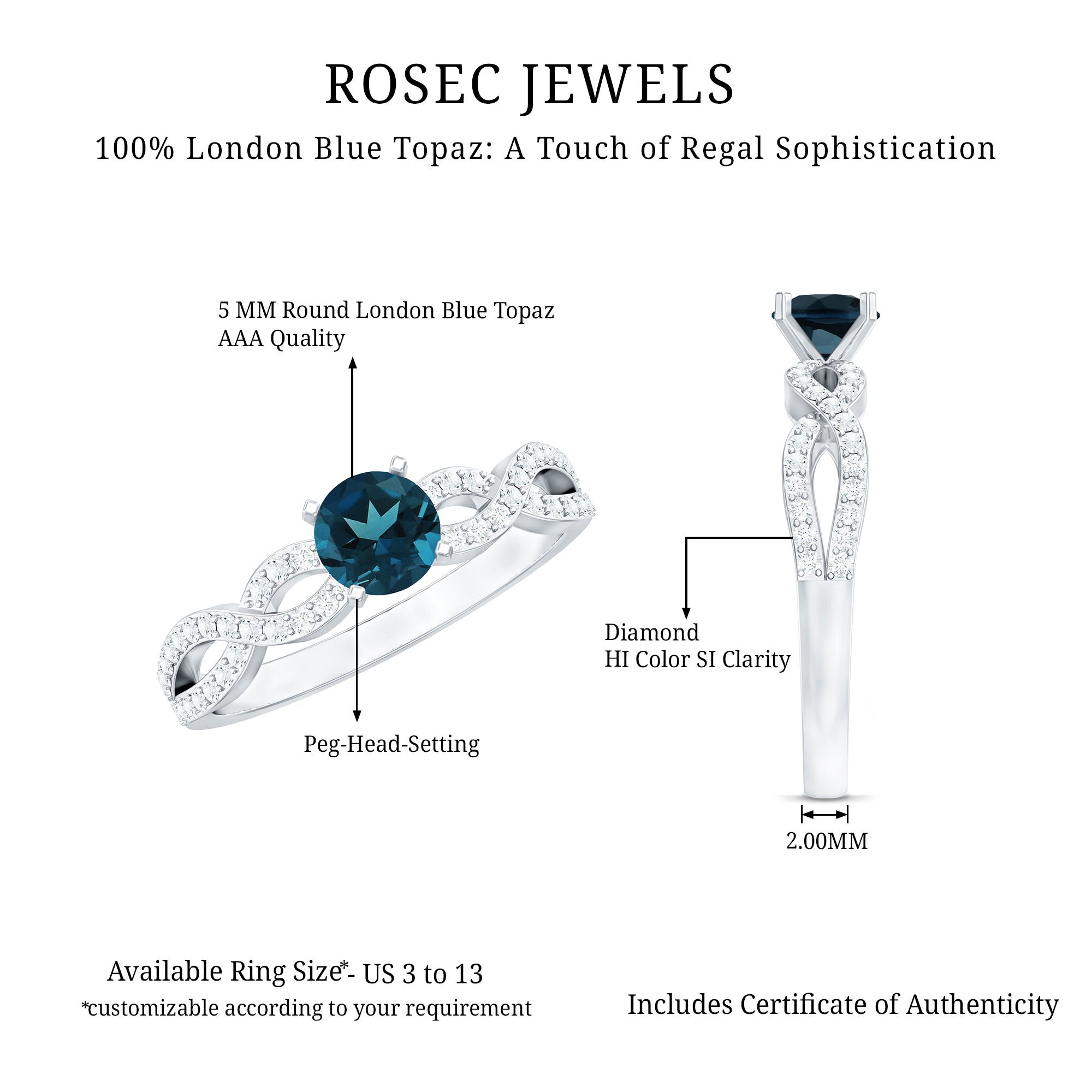Round Blue Topaz Infinity Engagement Ring with Diamonds