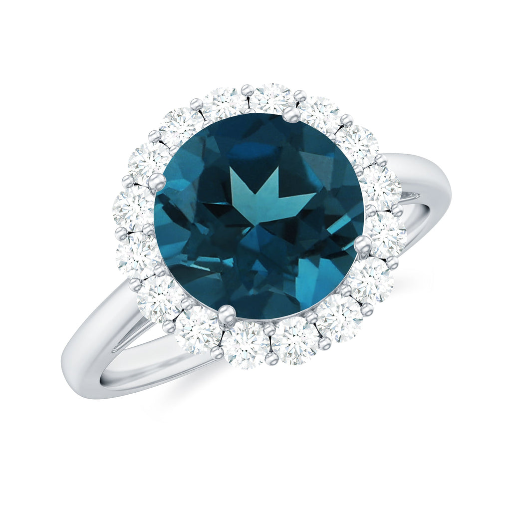8mm Round London Blue Topaz Classic Engagement Ring with Moissanite Halo