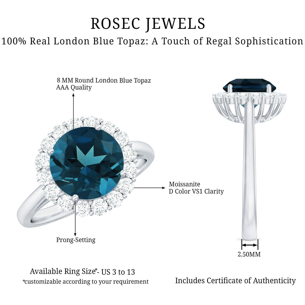 8mm Round London Blue Topaz Classic Engagement Ring with Moissanite Halo
