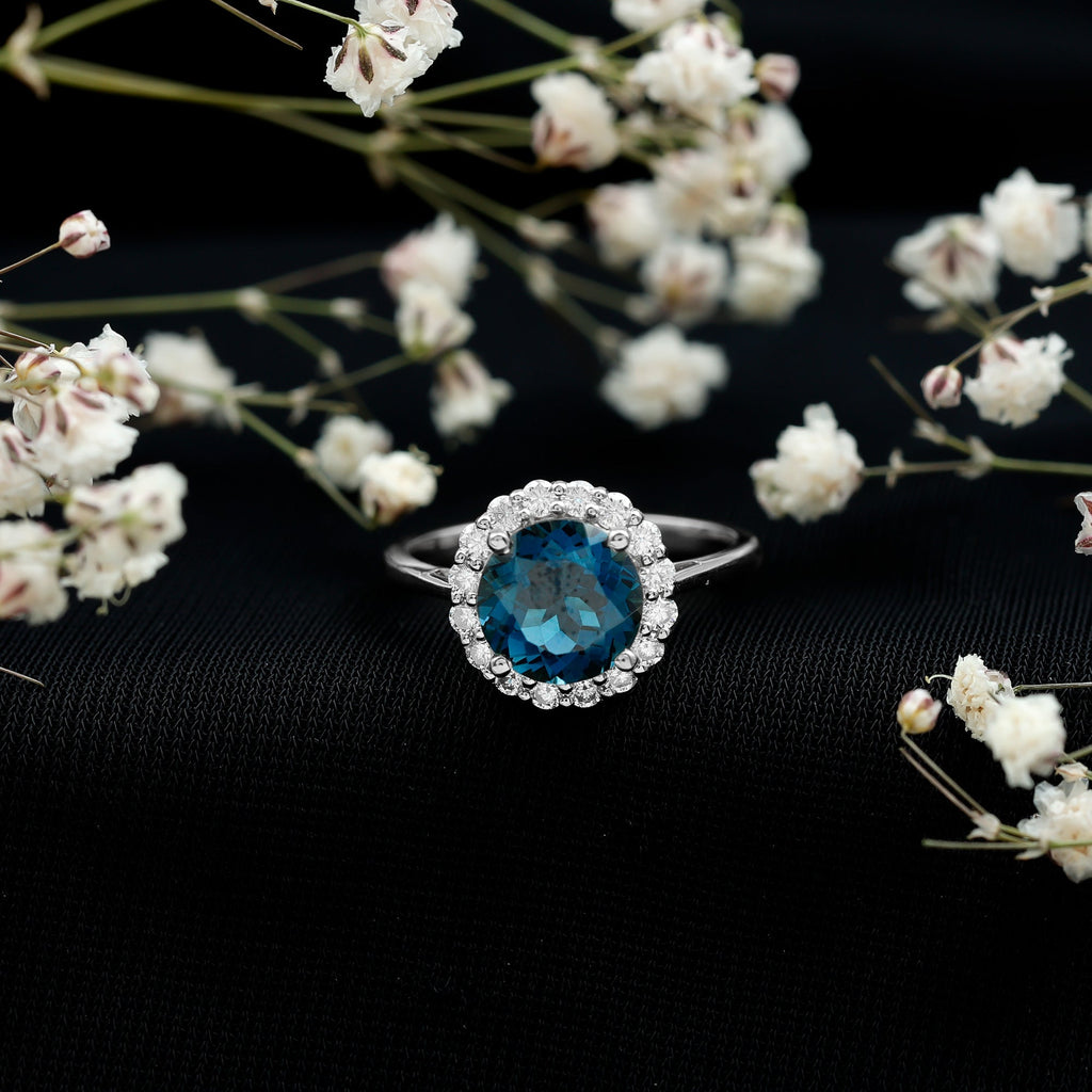 8mm Round London Blue Topaz Classic Engagement Ring with Moissanite Halo