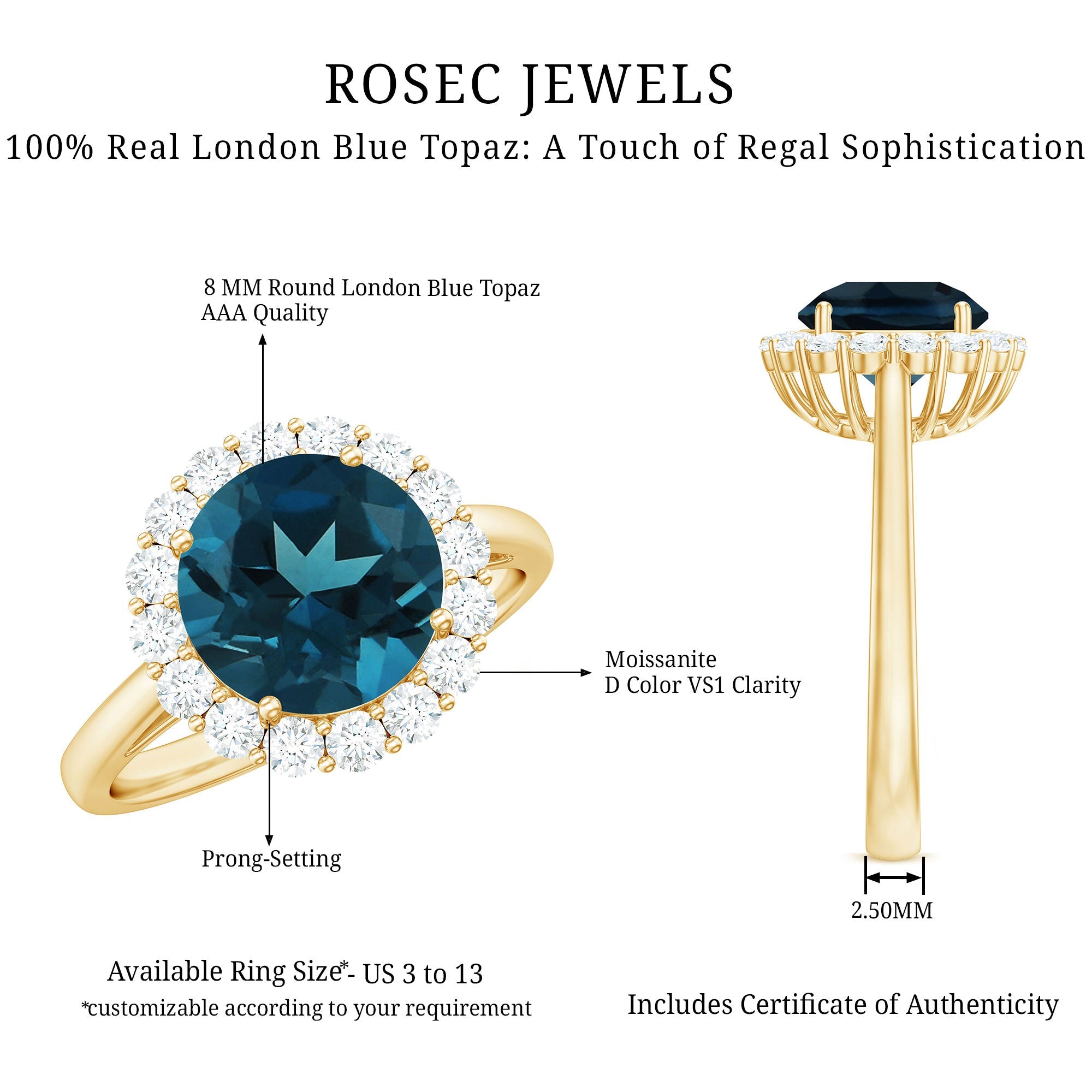 8mm Round London Blue Topaz Classic Engagement Ring with Moissanite Halo