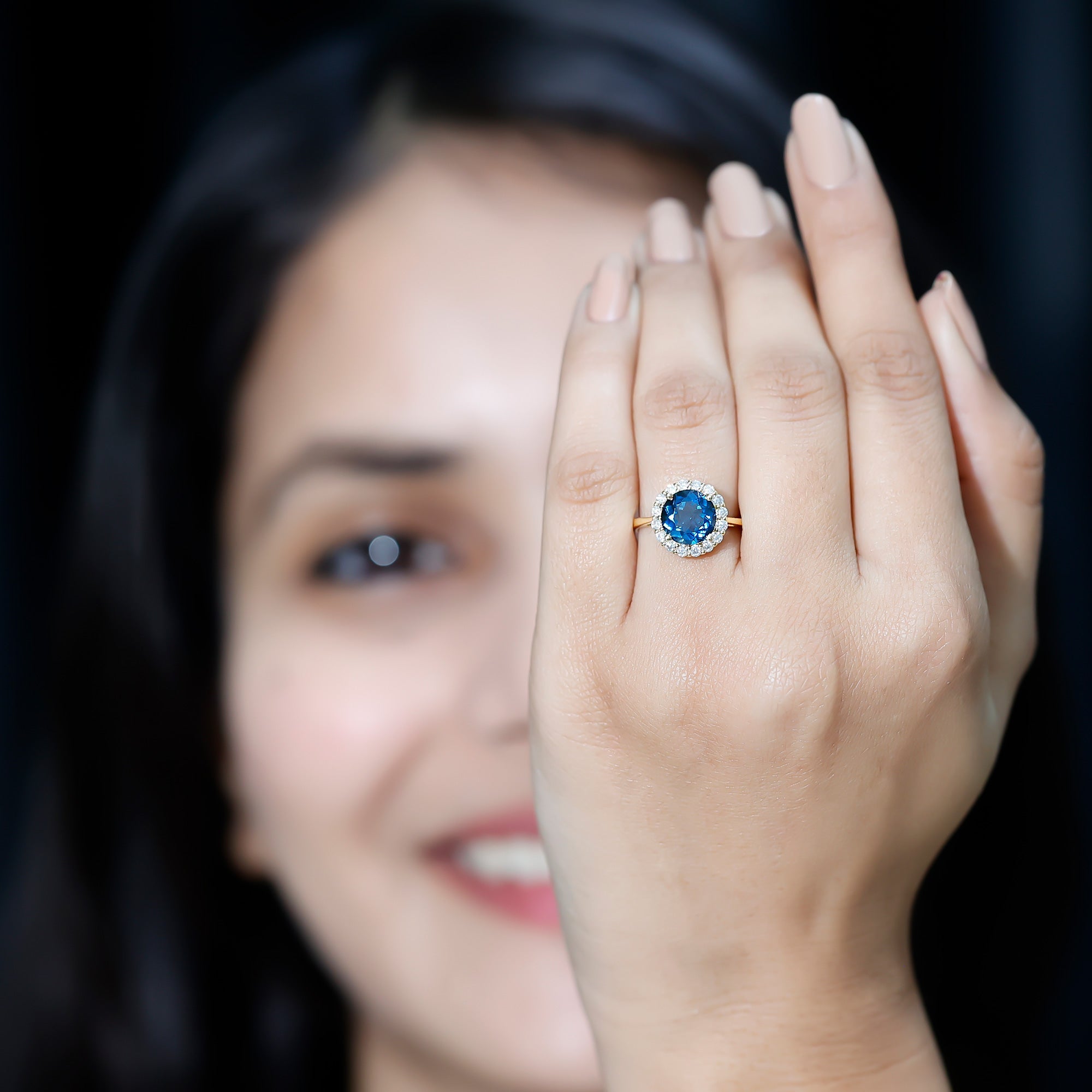 8mm Round London Blue Topaz Classic Engagement Ring with Moissanite Halo