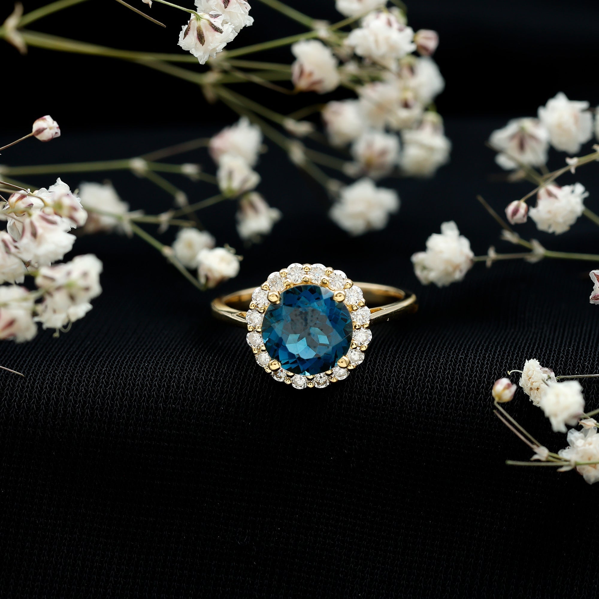 8mm Round London Blue Topaz Classic Engagement Ring with Moissanite Halo