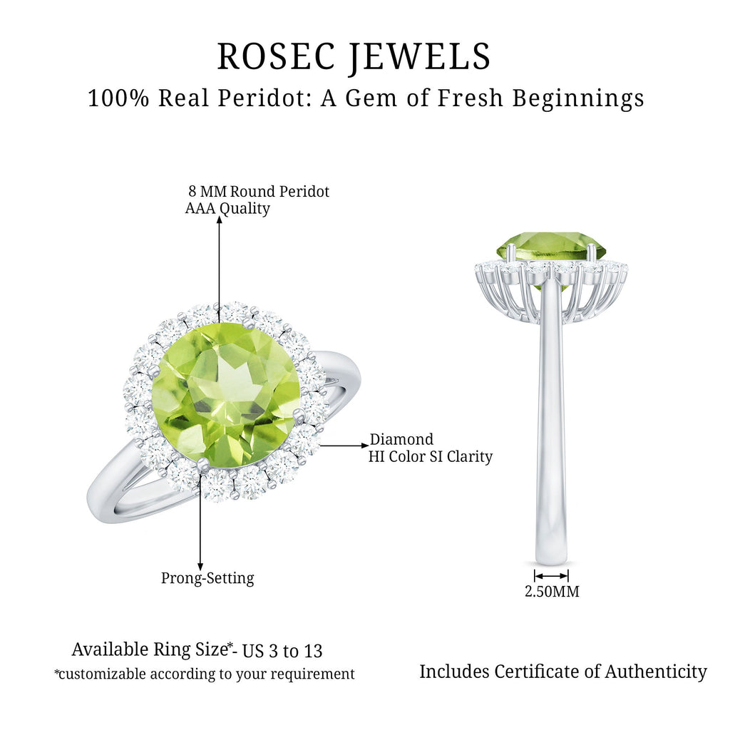 Round Peridot Simple Halo Engagement Ring with Diamond