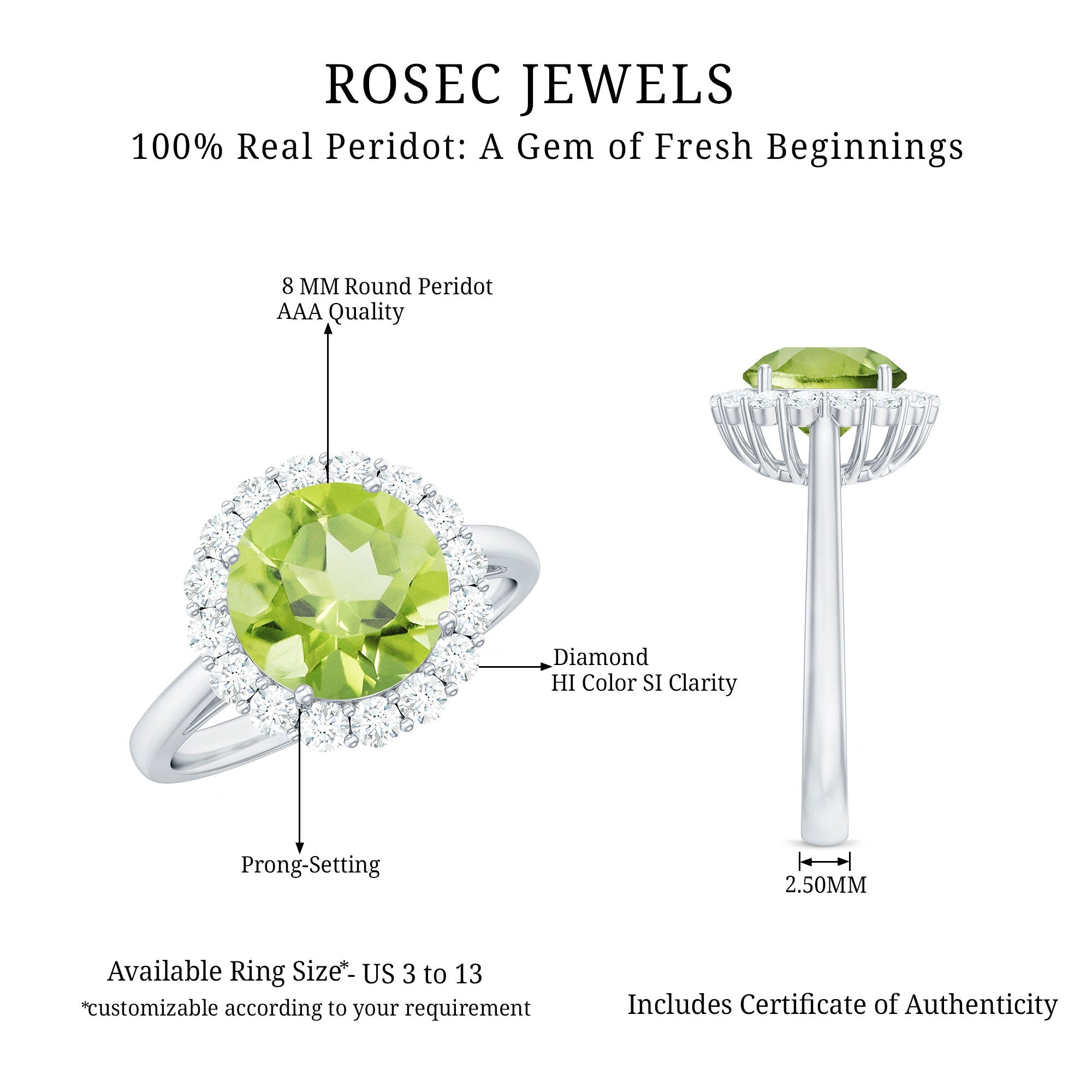 Round Peridot Simple Halo Engagement Ring with Diamond