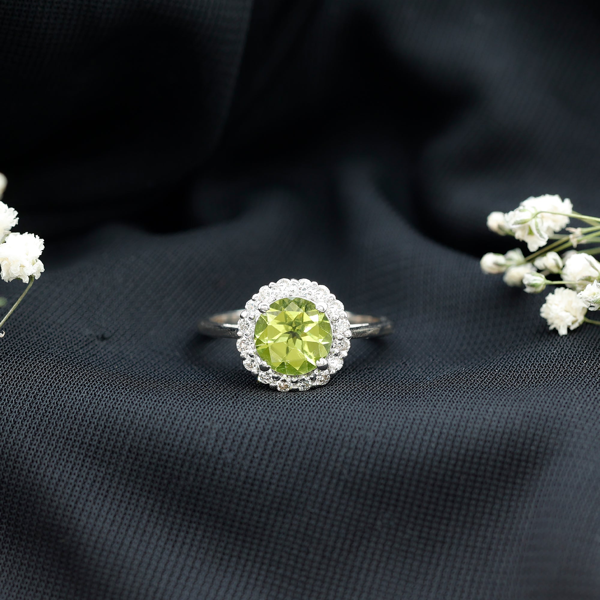 Round Peridot Simple Halo Engagement Ring with Diamond