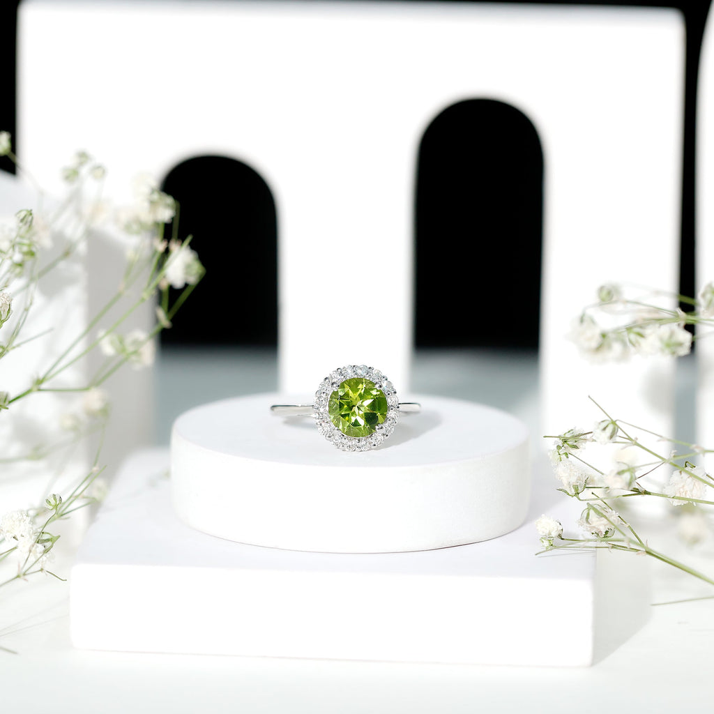 Round Peridot Simple Halo Engagement Ring with Diamond