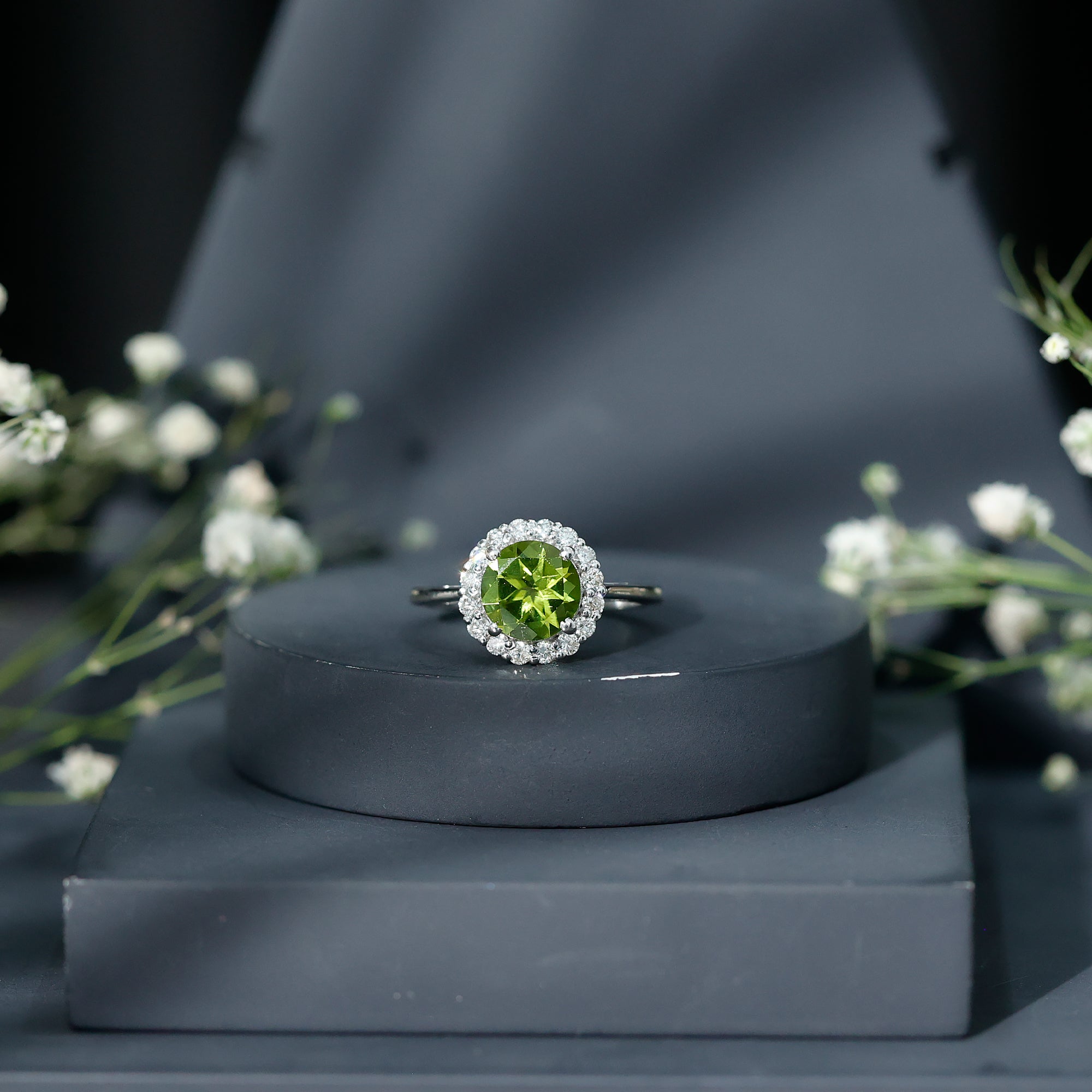 Round Peridot Simple Halo Engagement Ring with Diamond