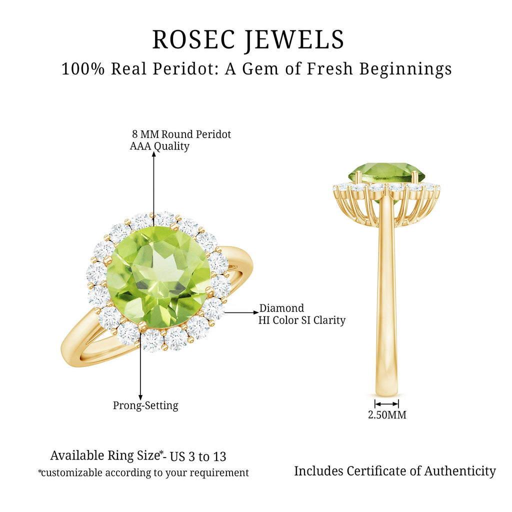 Round Peridot Simple Halo Engagement Ring with Diamond
