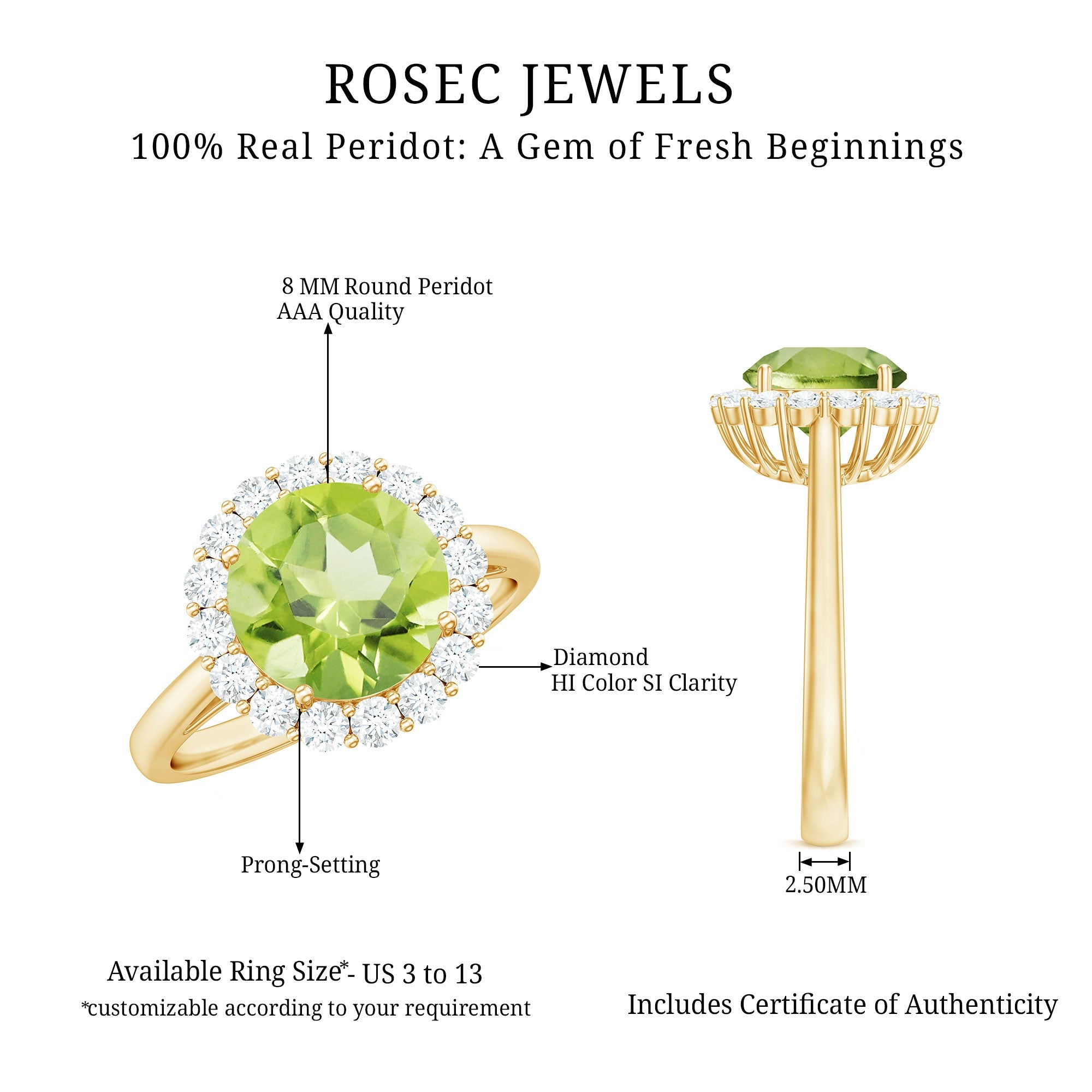 Round Peridot Simple Halo Engagement Ring with Diamond