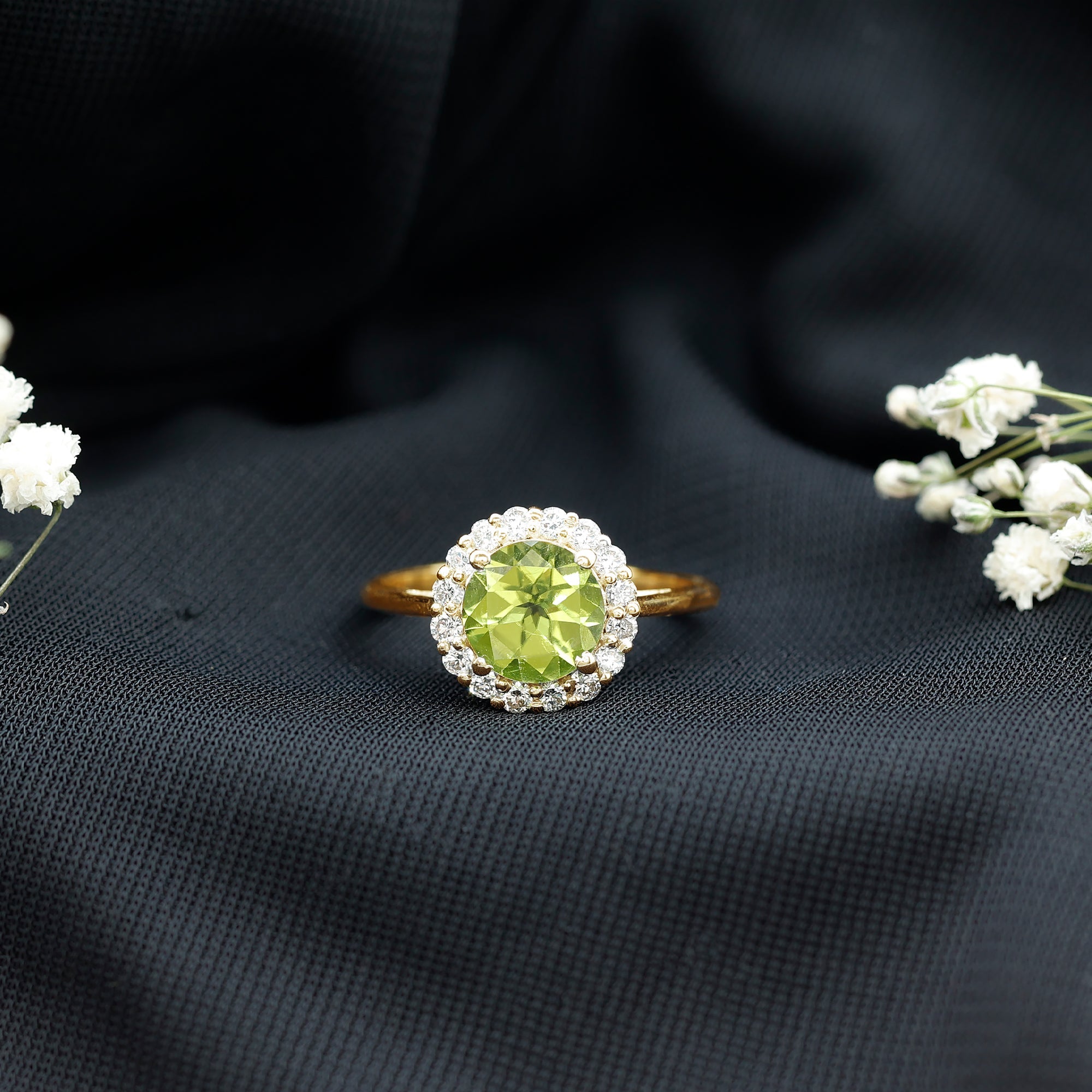 Round Peridot Simple Halo Engagement Ring with Diamond