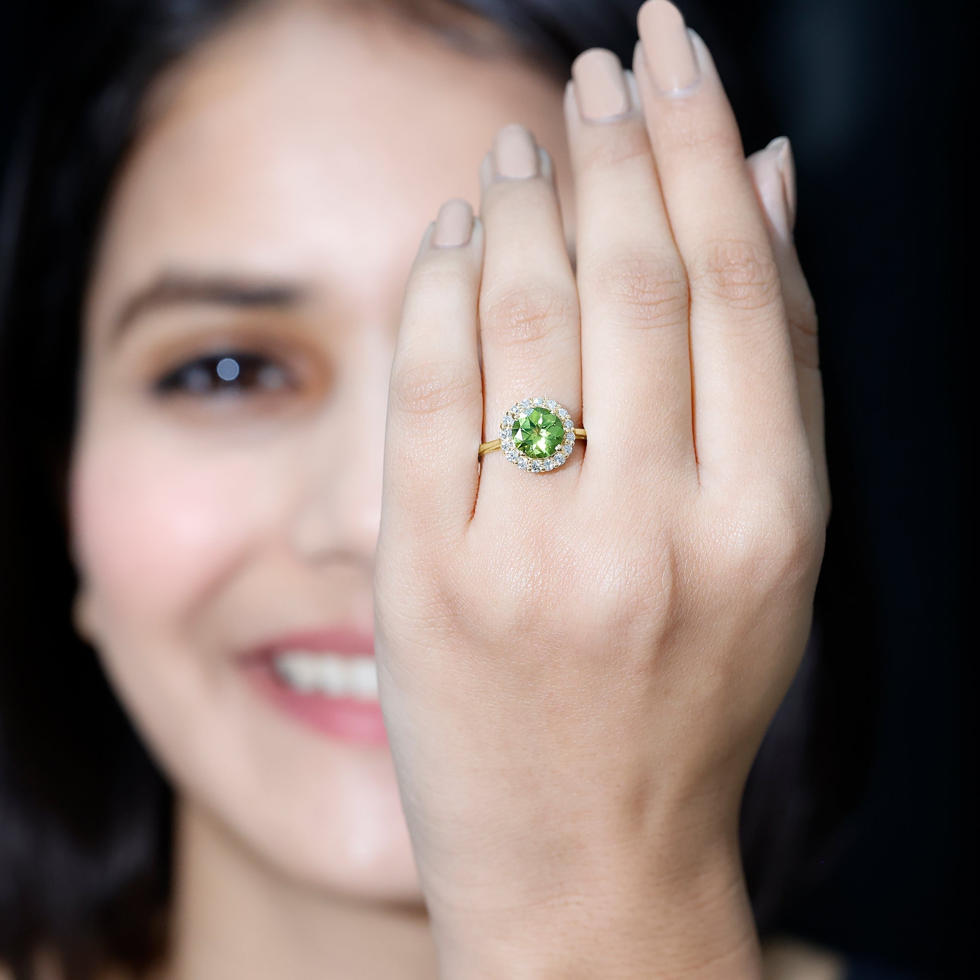 Round Peridot Simple Halo Engagement Ring with Diamond