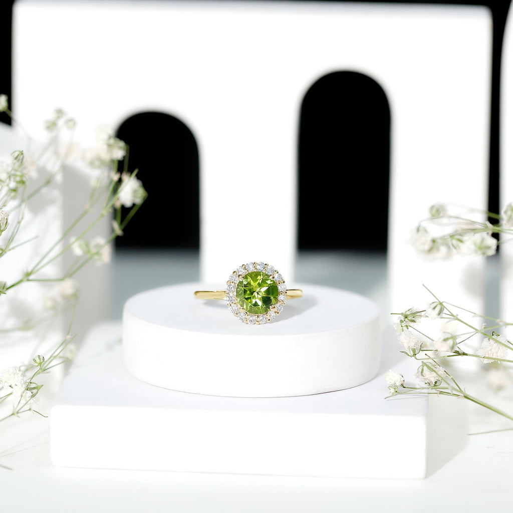 Round Peridot Simple Halo Engagement Ring with Diamond