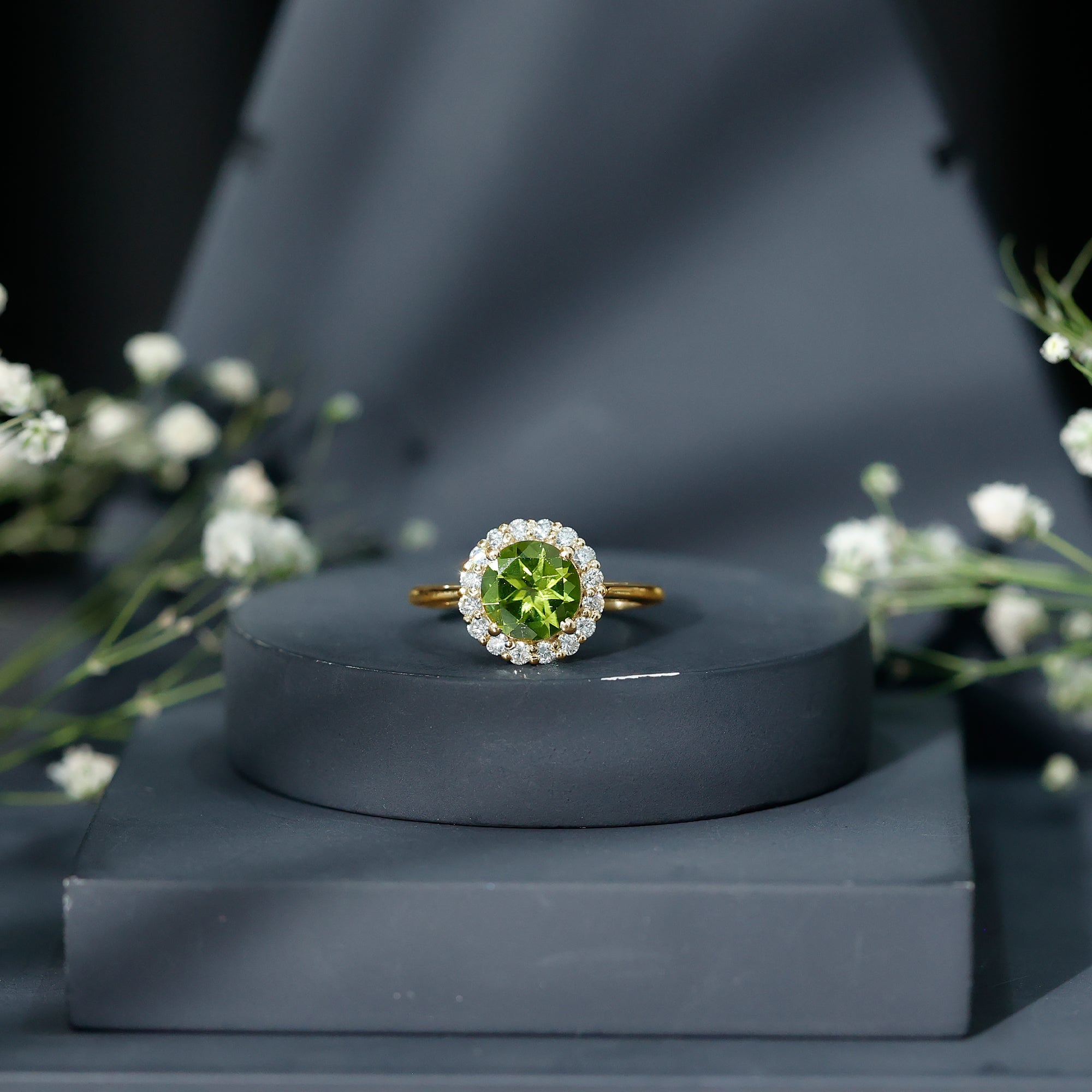 Round Peridot Simple Halo Engagement Ring with Diamond