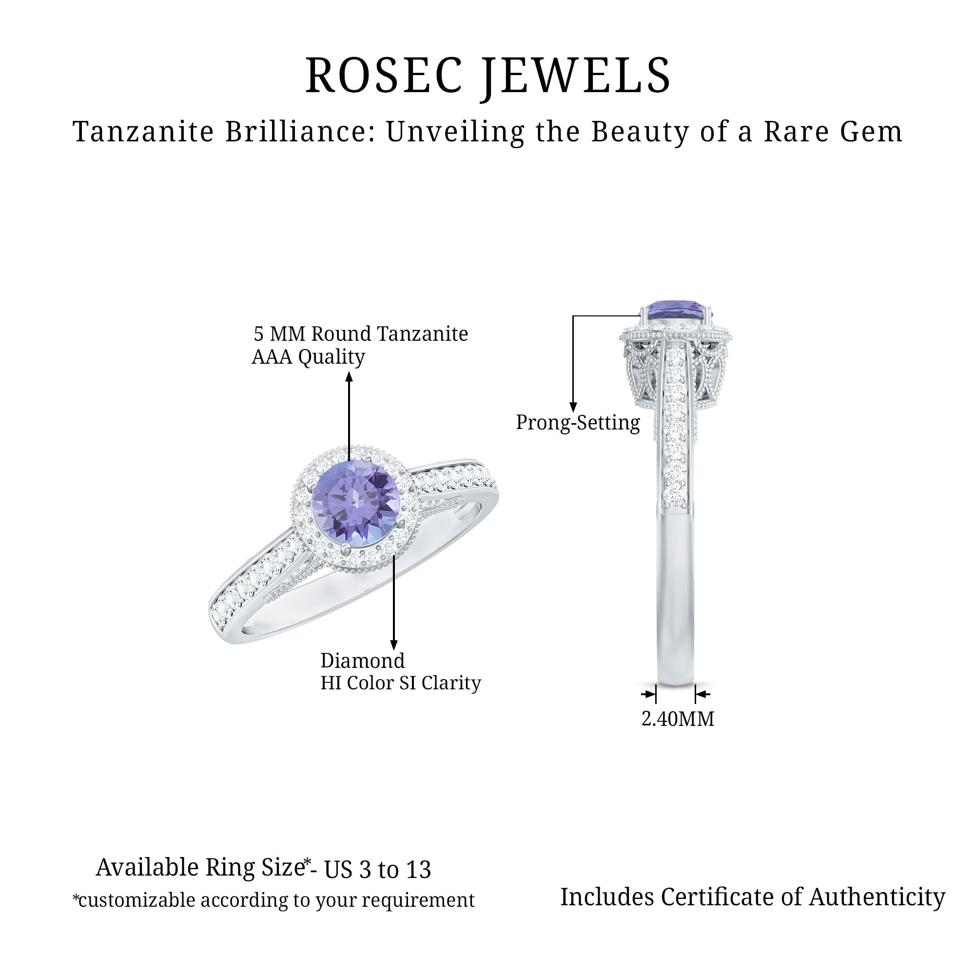 Vintage Style Tanzanite Engagement Ring with Diamond Halo