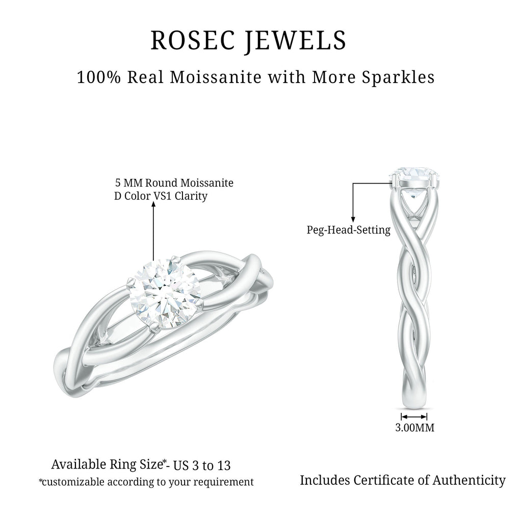 Certified Moissanite Solitaire Engagement Ring in Crossover Shank