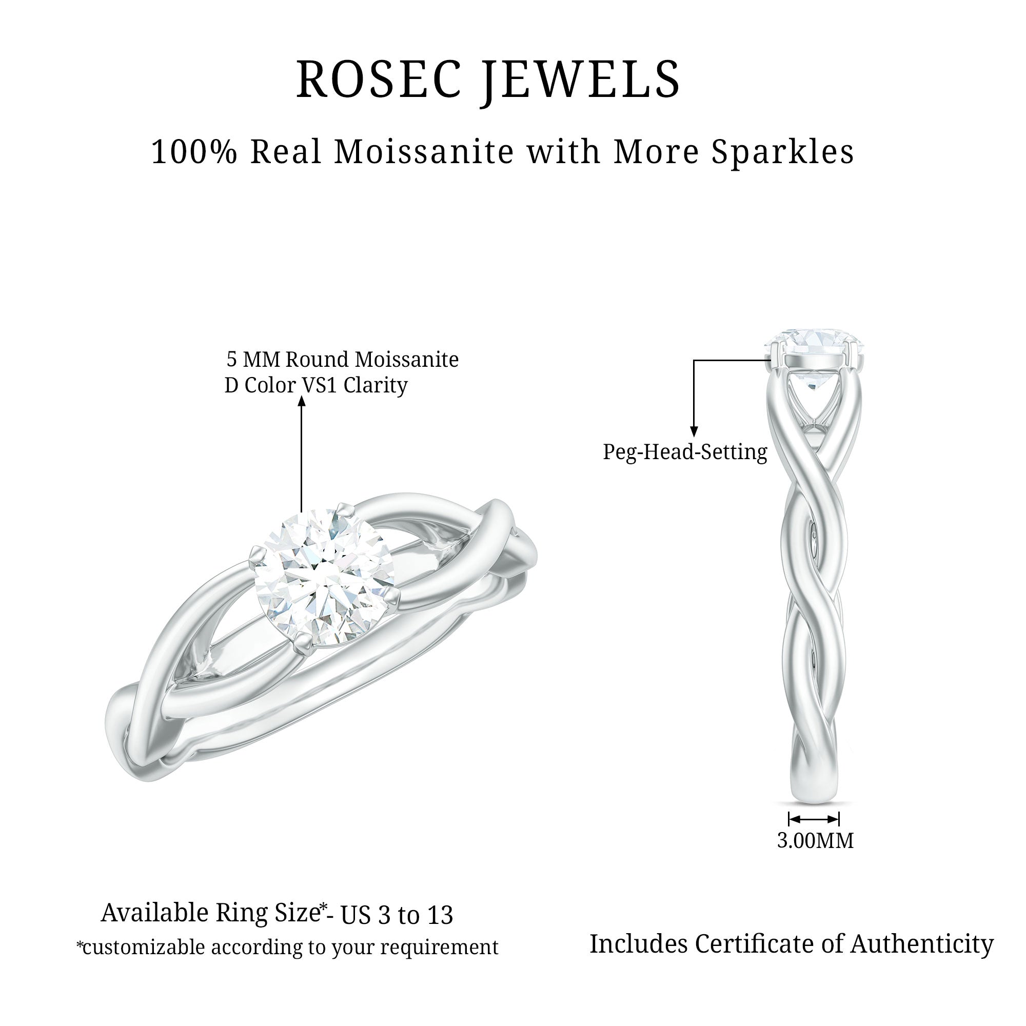 Certified Moissanite Solitaire Engagement Ring in Crossover Shank