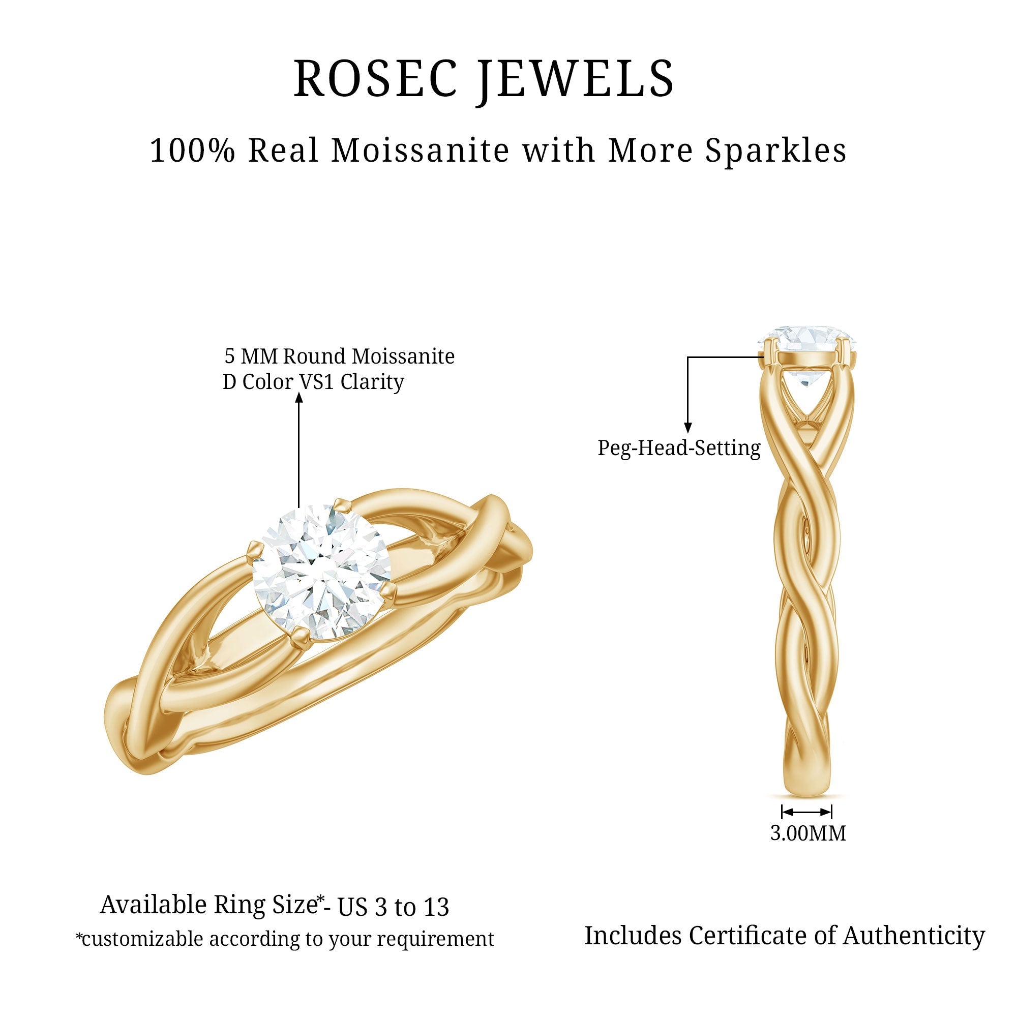 Certified Moissanite Solitaire Engagement Ring in Crossover Shank