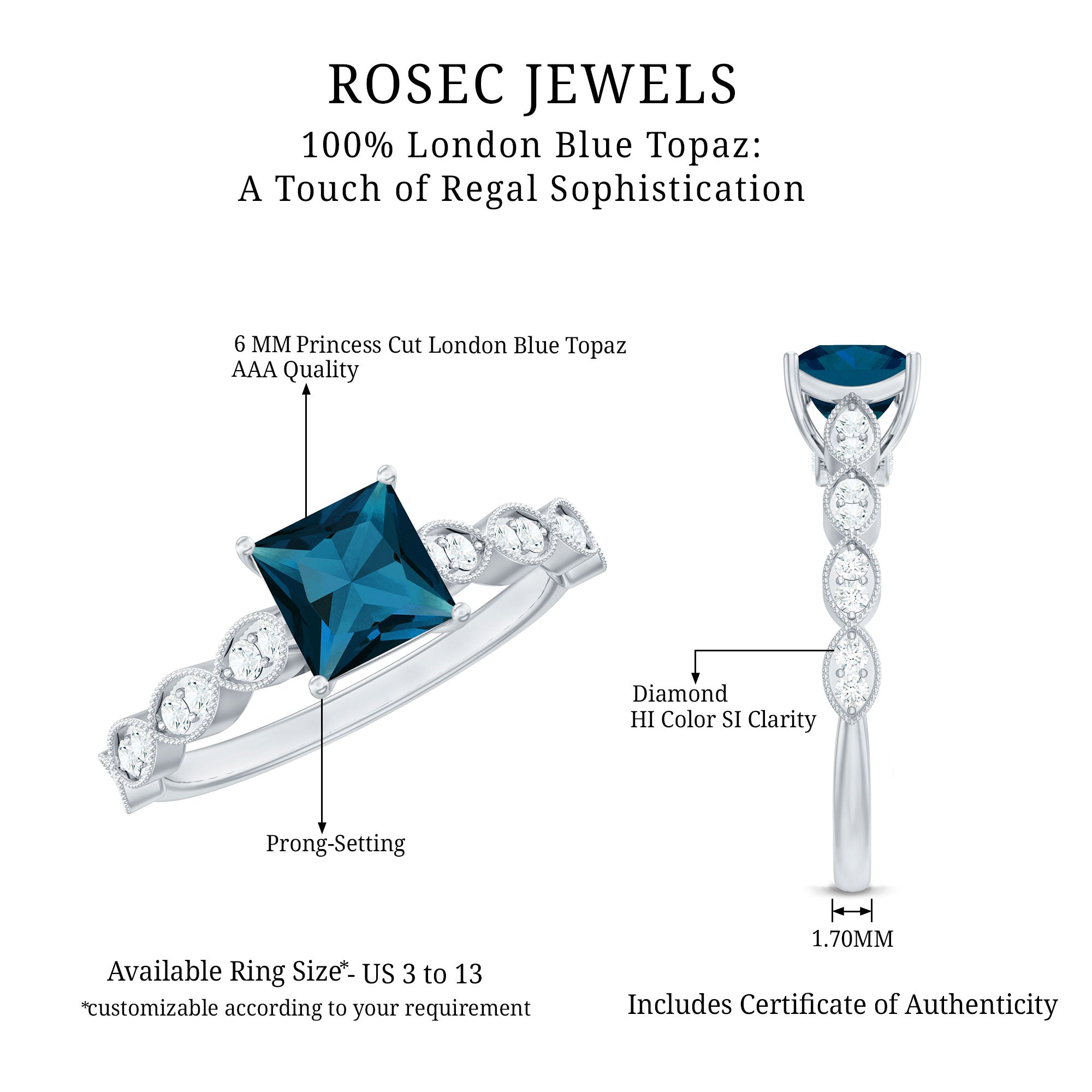 6mm Princess Cut London Blue Topaz Solitaire Ring with Diamond