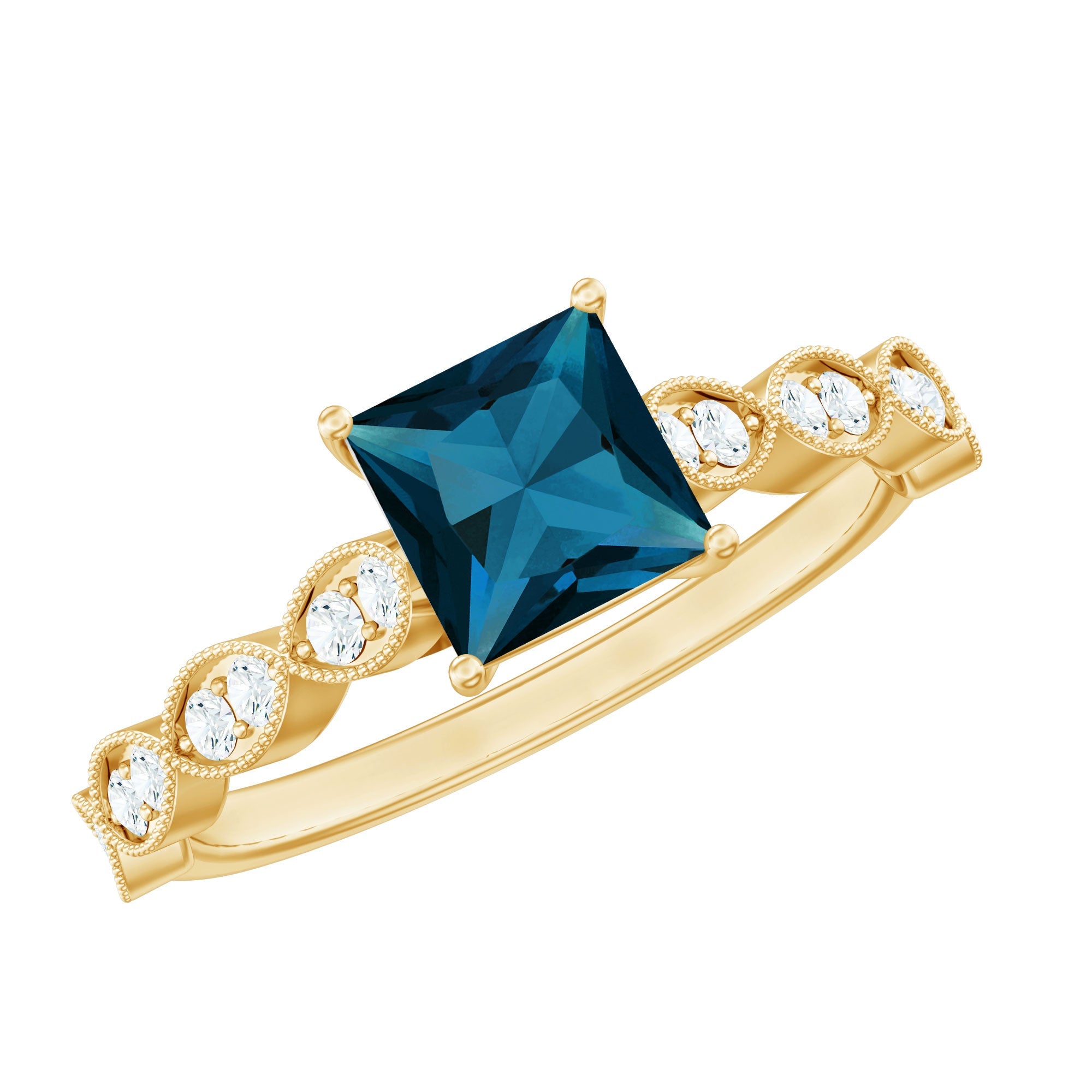 6mm Princess Cut London Blue Topaz Solitaire Ring with Diamond