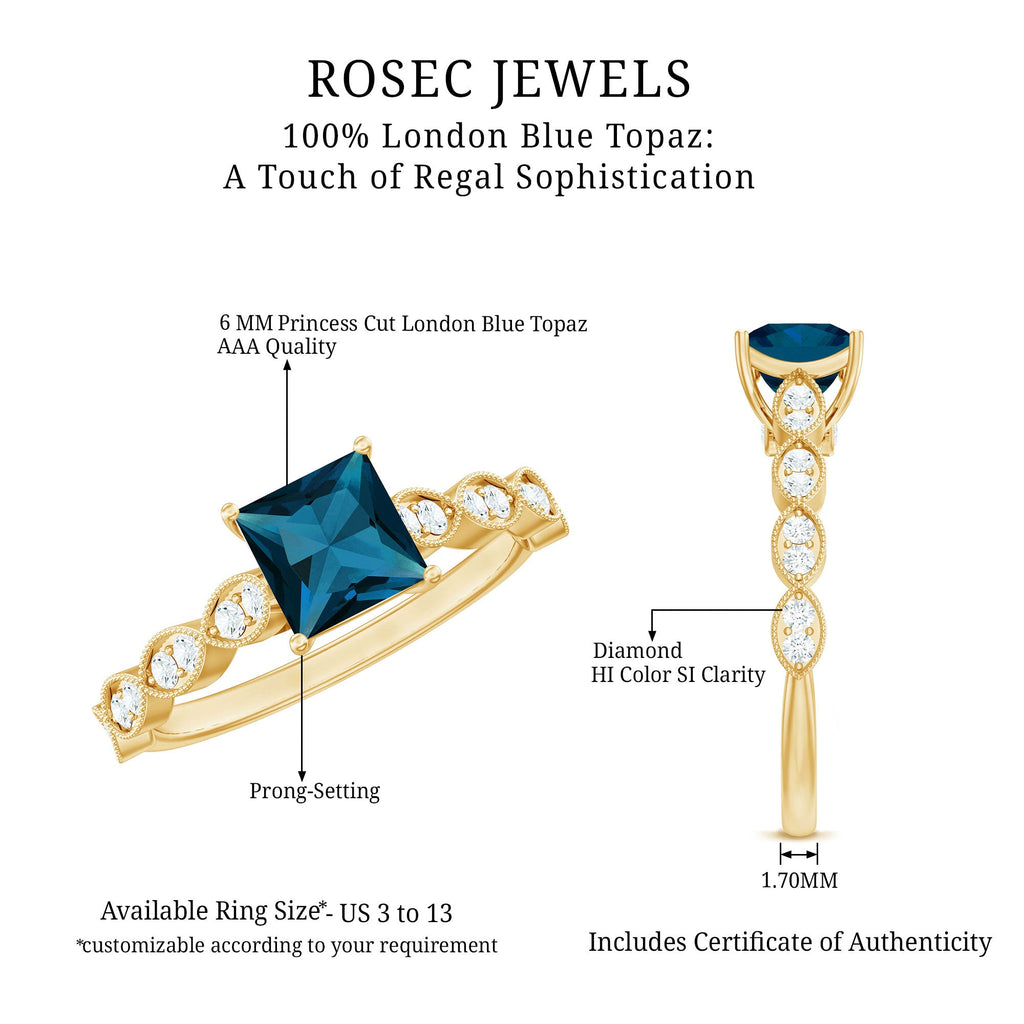 6mm Princess Cut London Blue Topaz Solitaire Ring with Diamond