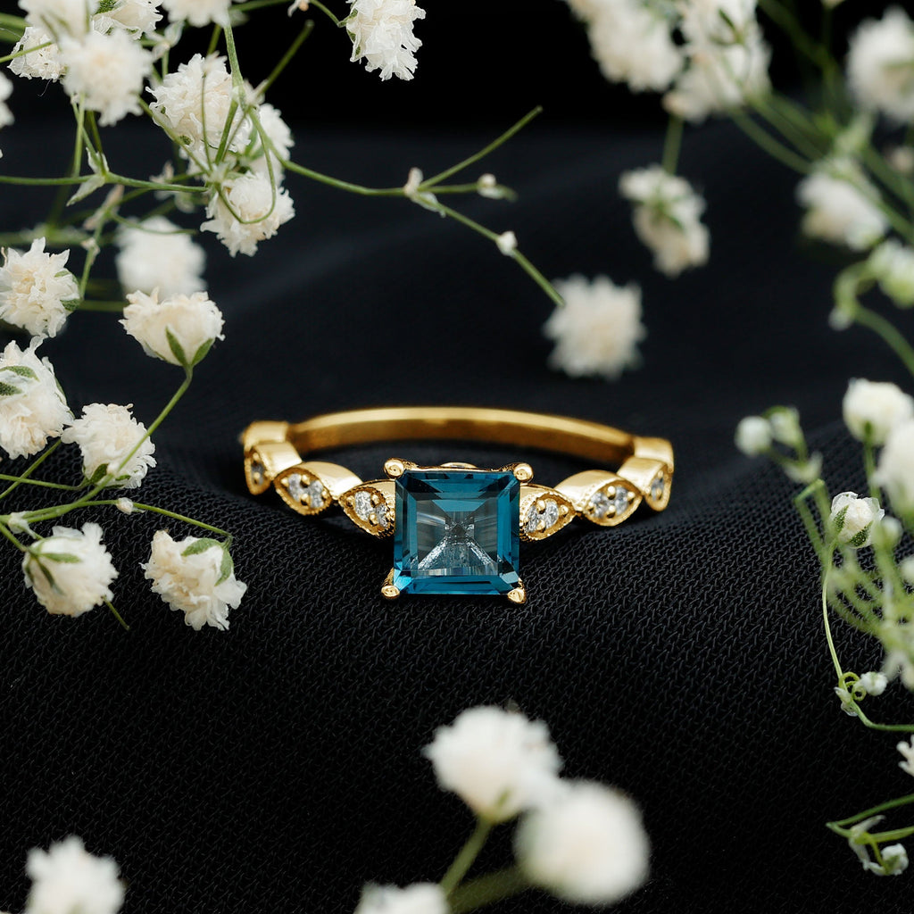 6mm Princess Cut London Blue Topaz Solitaire Ring with Diamond
