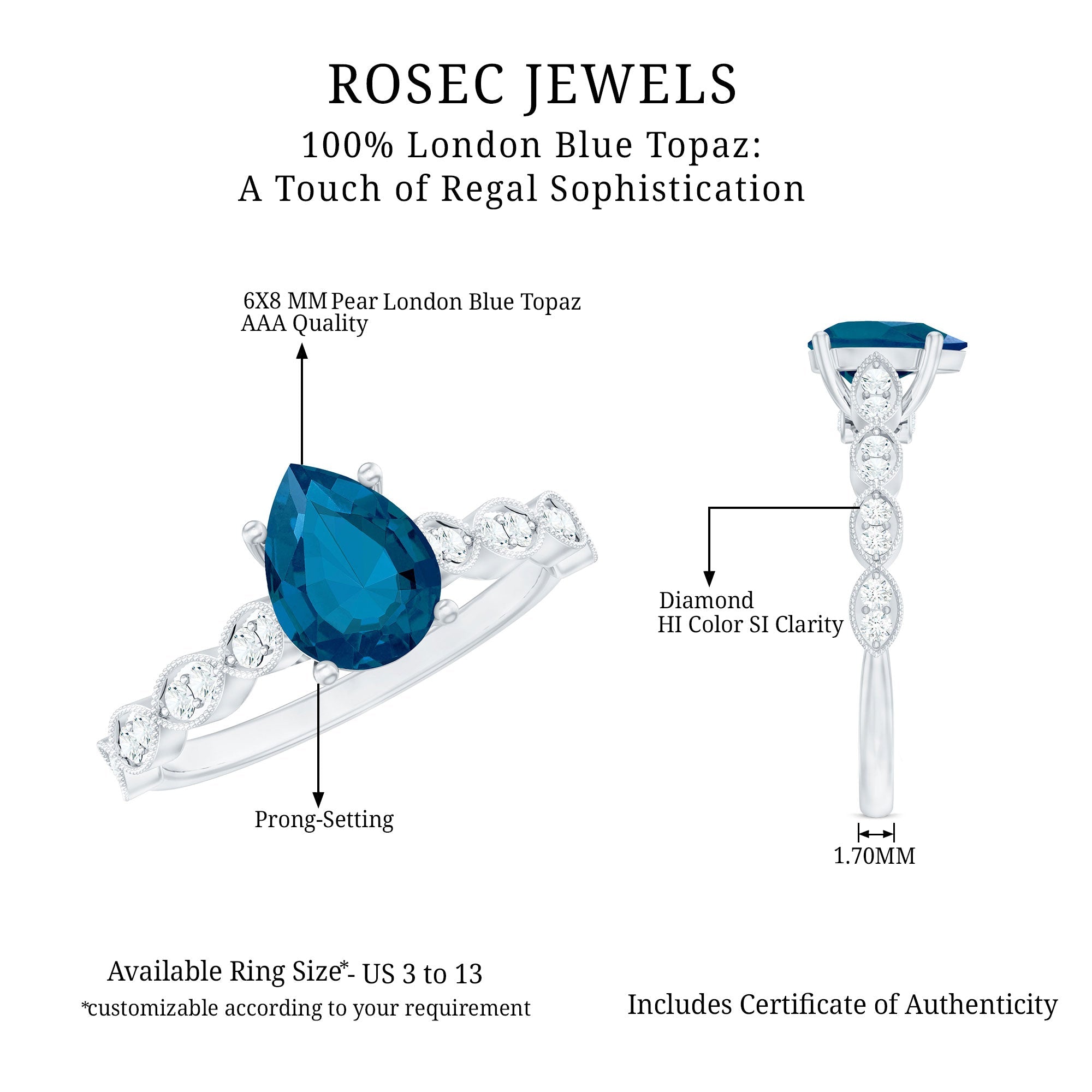 6X8mm Pear Shaped London Blue Topaz Teardrop Engagement Ring with Diamond