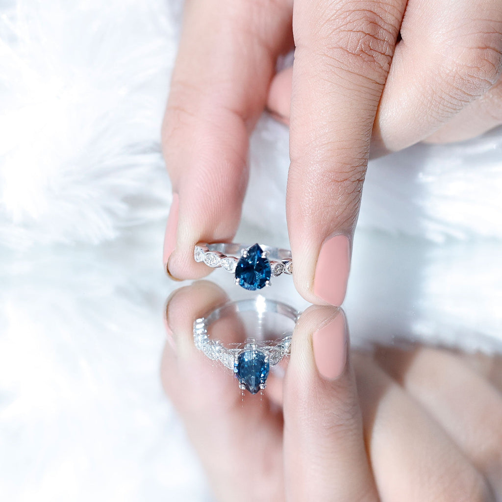 6X8mm Pear Shaped London Blue Topaz Teardrop Engagement Ring with Diamond