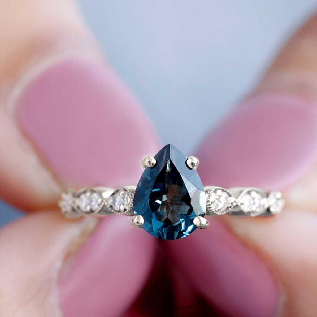 6X8mm Pear Shaped London Blue Topaz Teardrop Engagement Ring with Diamond