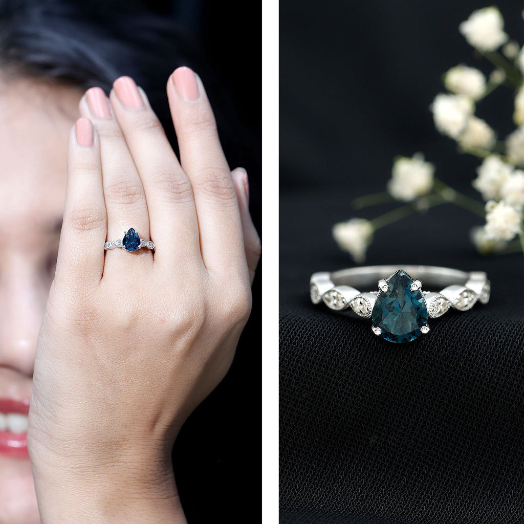 6X8mm Pear Shaped London Blue Topaz Teardrop Engagement Ring with Diamond