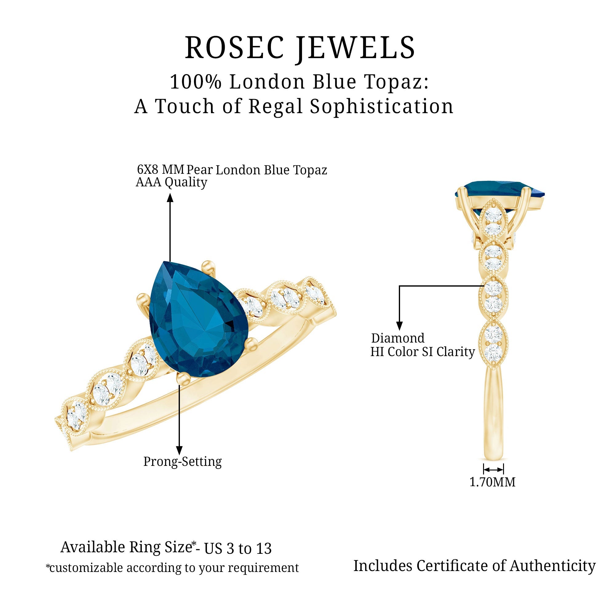 6X8mm Pear Shaped London Blue Topaz Teardrop Engagement Ring with Diamond