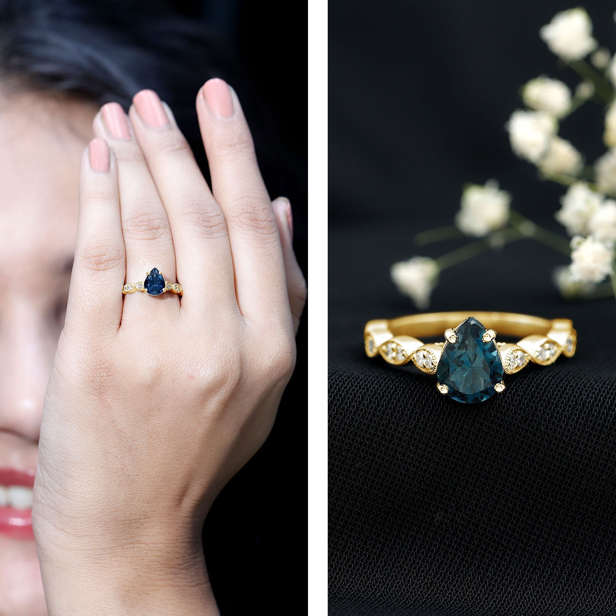 6X8mm Pear Shaped London Blue Topaz Teardrop Engagement Ring with Diamond